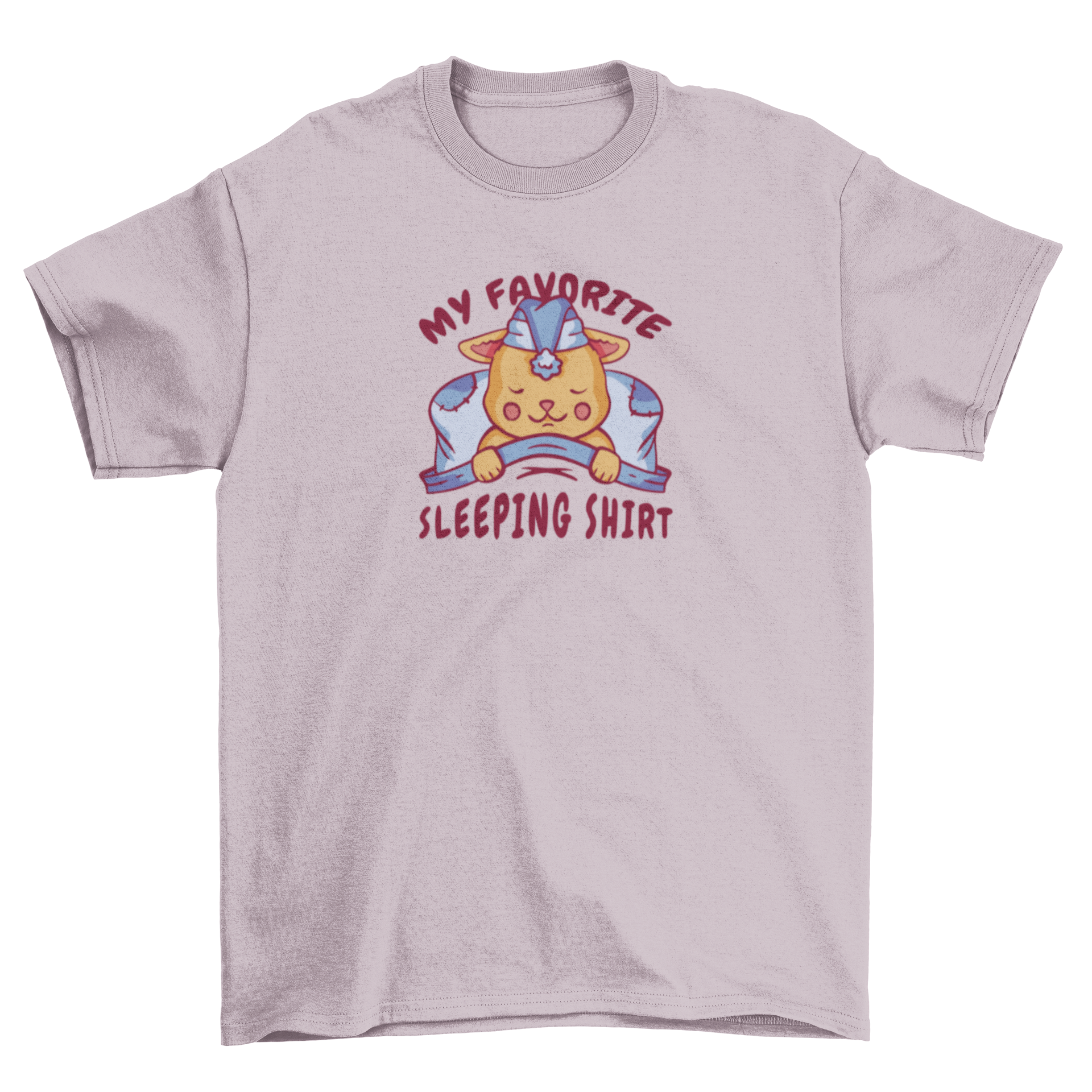 A cozy t-shirt featuring a cute cat sleeping in a bed with the quote 'My favorite sleeping shirt'.