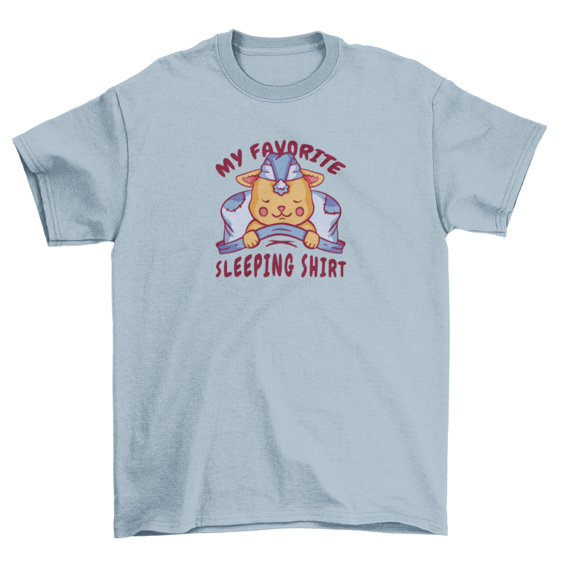 A cozy t-shirt featuring a cute cat sleeping in a bed with the quote 'My favorite sleeping shirt'.