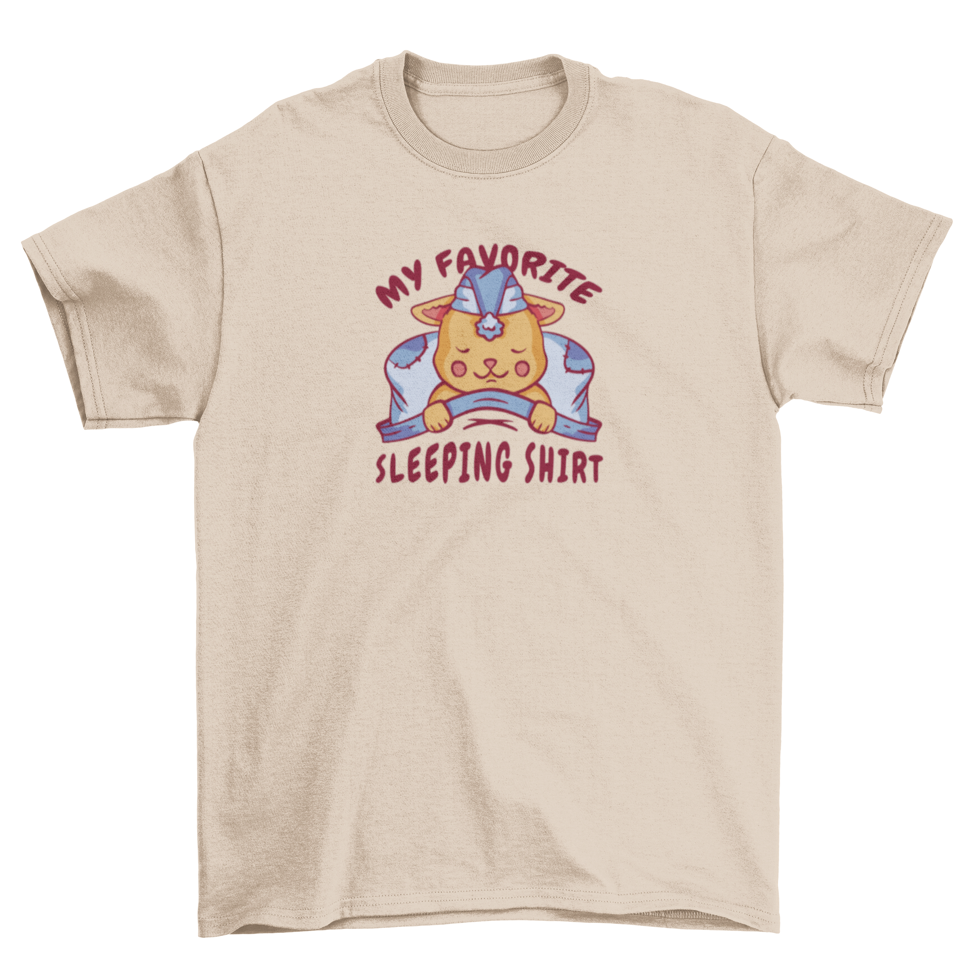 A cozy t-shirt featuring a cute cat sleeping in a bed with the quote 'My favorite sleeping shirt'.