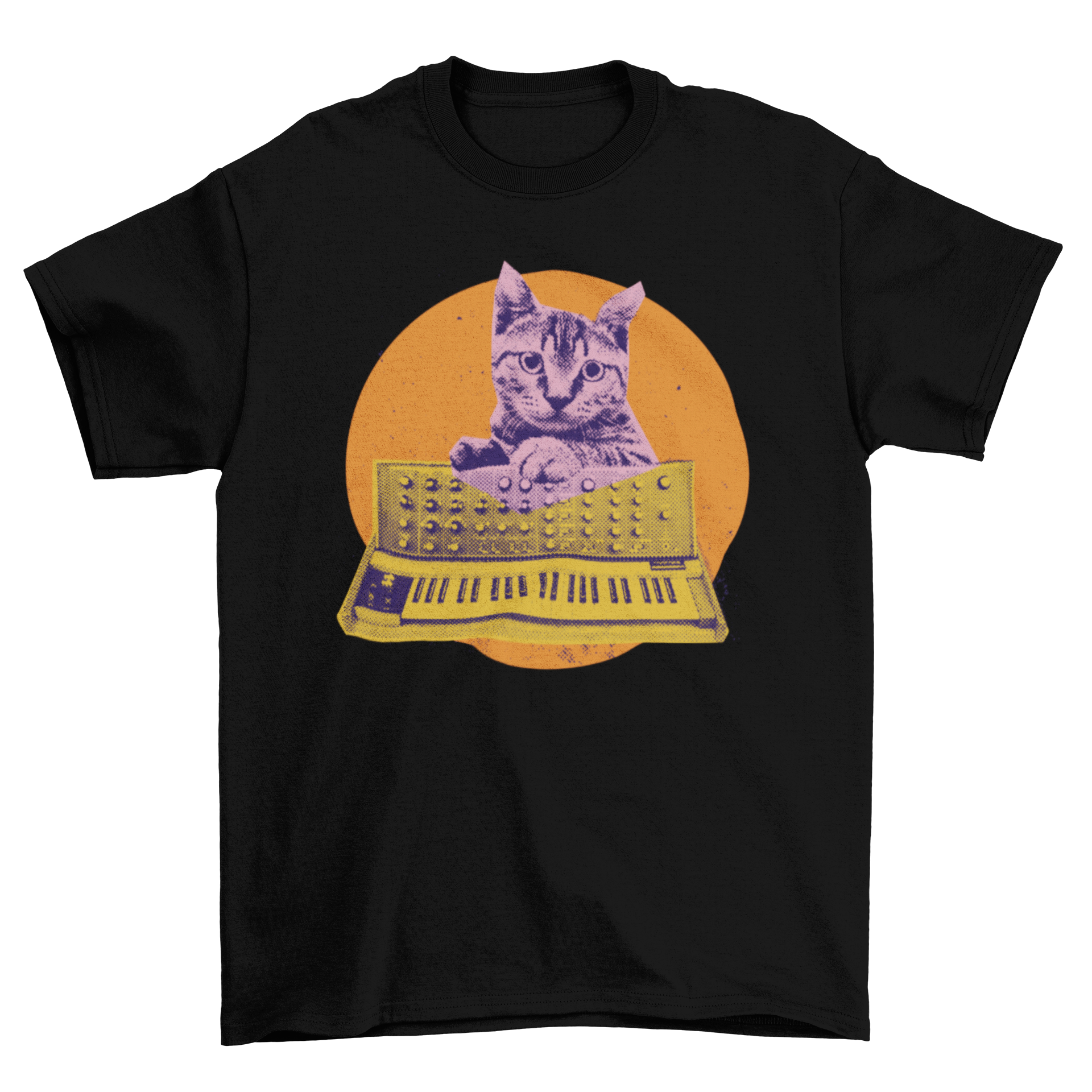 A playful cat interacting with a colorful synthesizer on a stylish T-shirt.