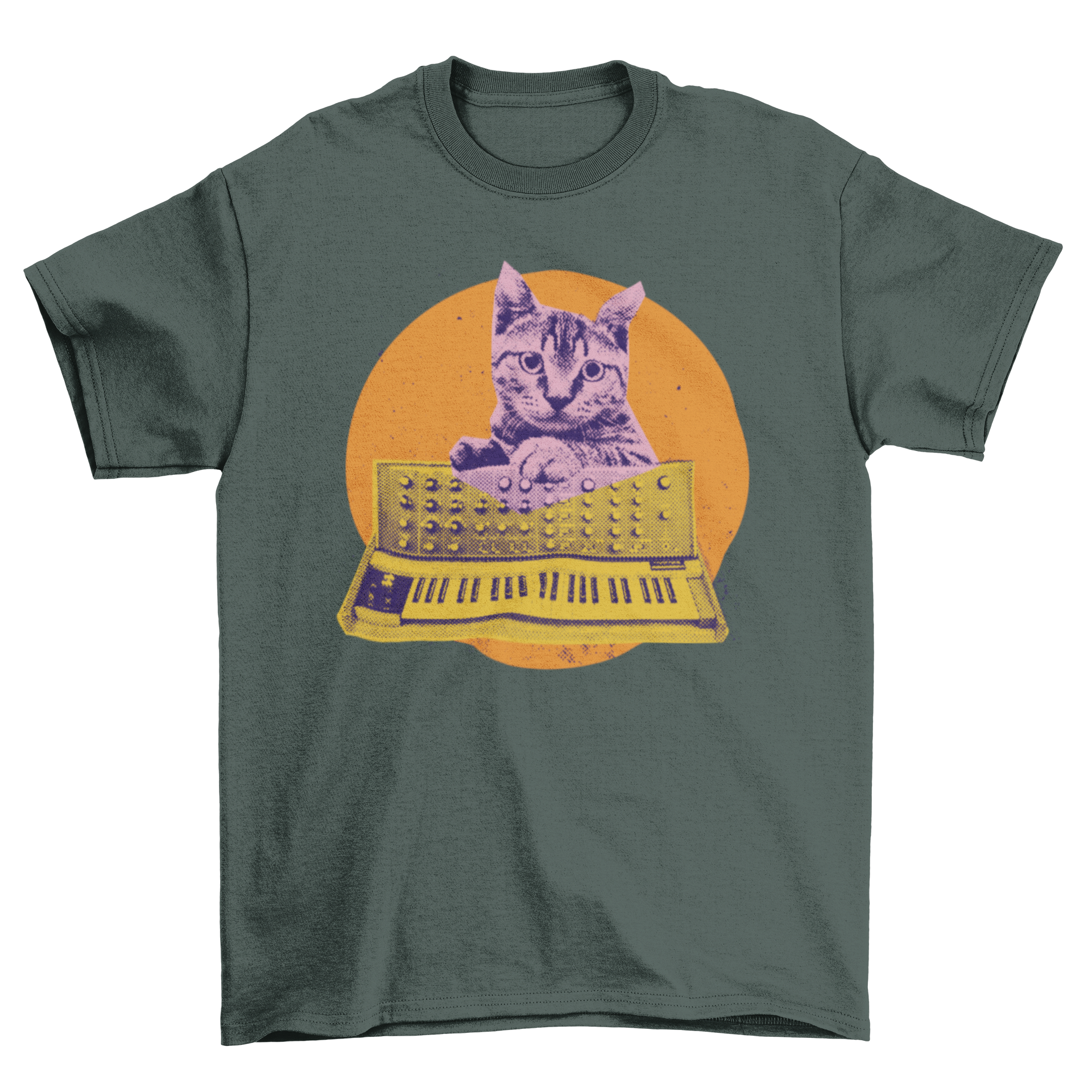 A playful cat interacting with a colorful synthesizer on a stylish T-shirt.