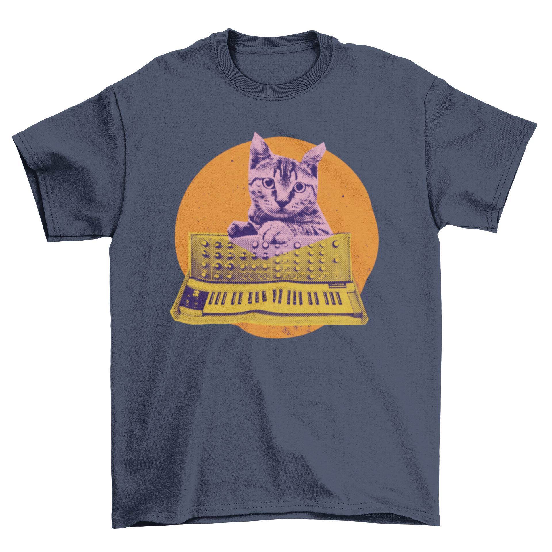 A playful cat interacting with a colorful synthesizer on a stylish T-shirt.