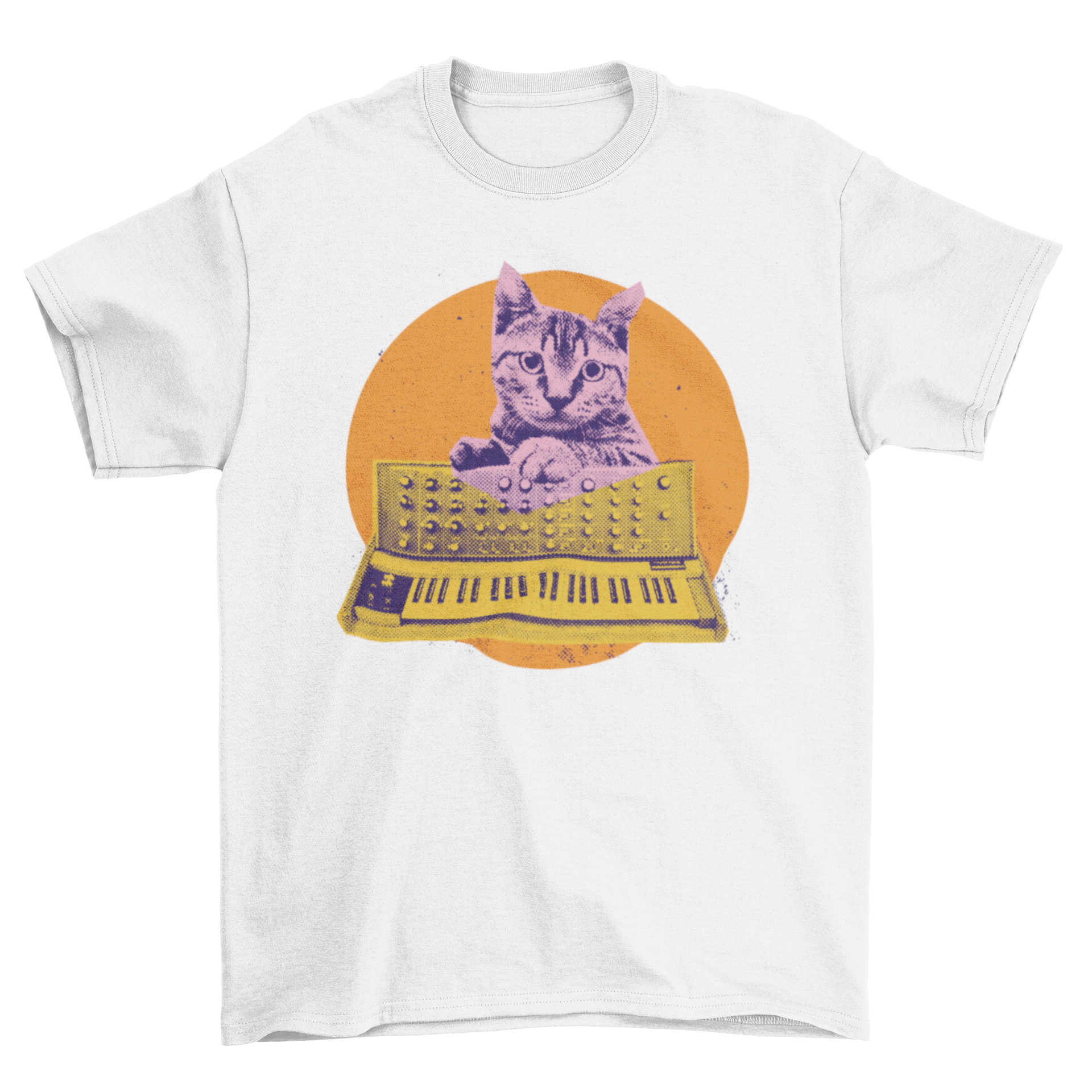 A playful cat interacting with a colorful synthesizer on a stylish T-shirt.