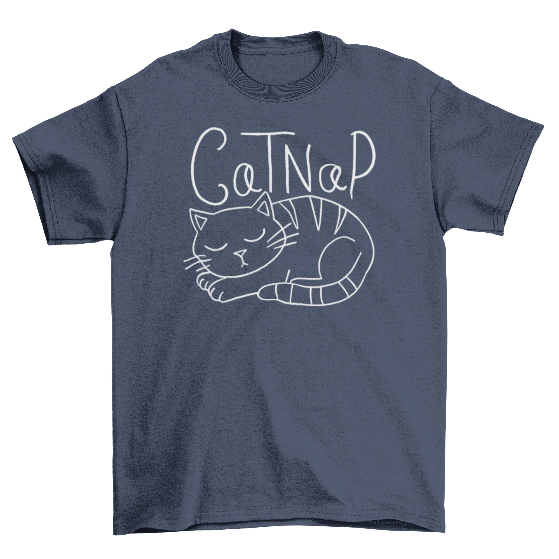 A cozy t-shirt featuring a cute illustration of a sleeping cat with the quote 'CatNap', perfect for cat lovers.