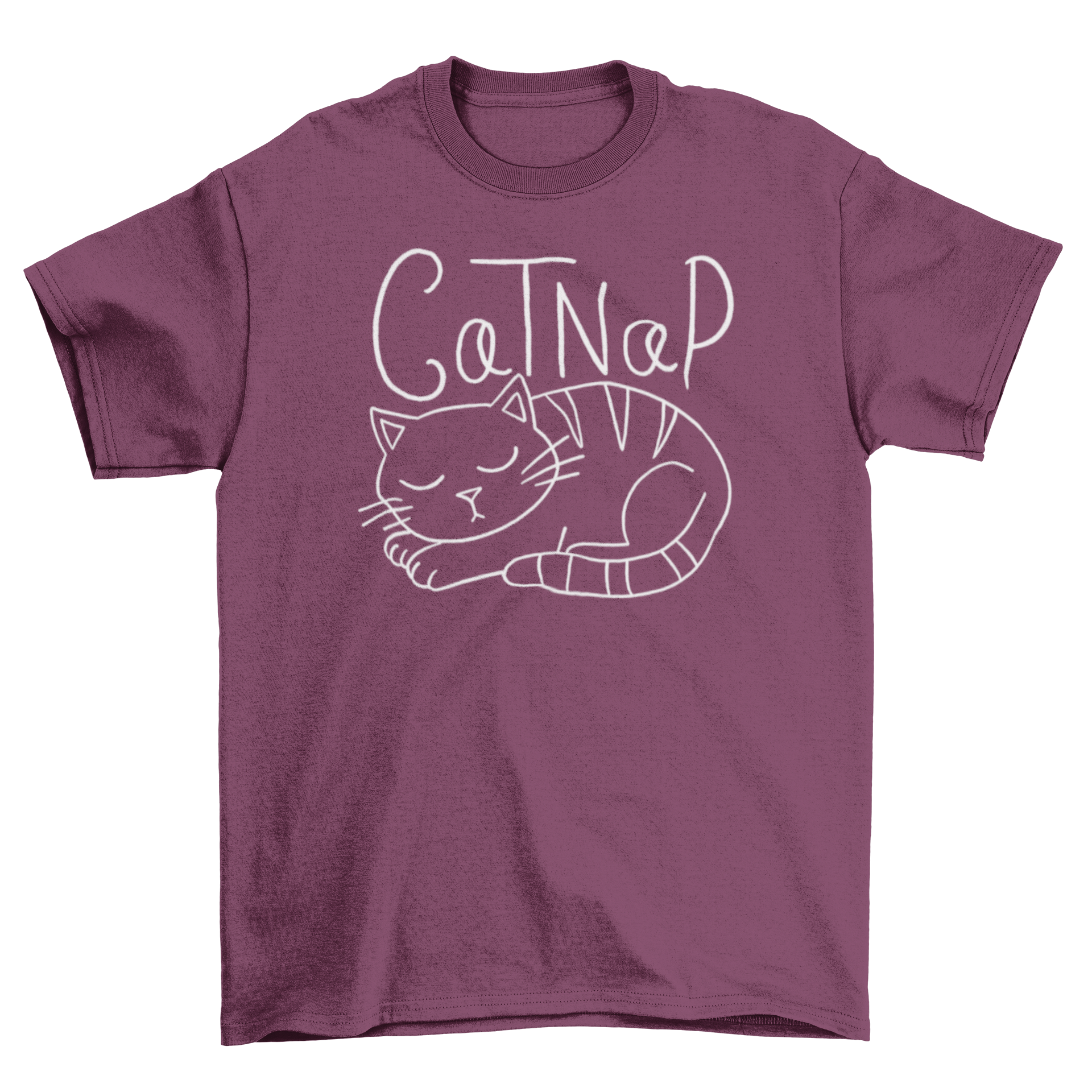 A cozy t-shirt featuring a cute illustration of a sleeping cat with the quote 'CatNap', perfect for cat lovers.