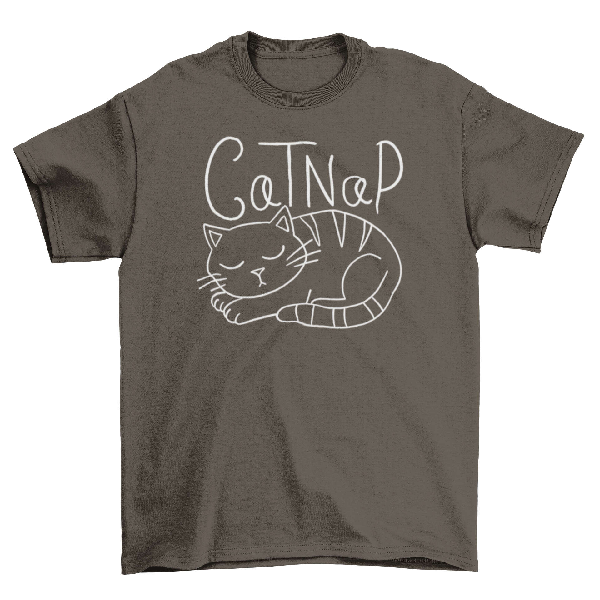 A cozy t-shirt featuring a cute illustration of a sleeping cat with the quote 'CatNap', perfect for cat lovers.