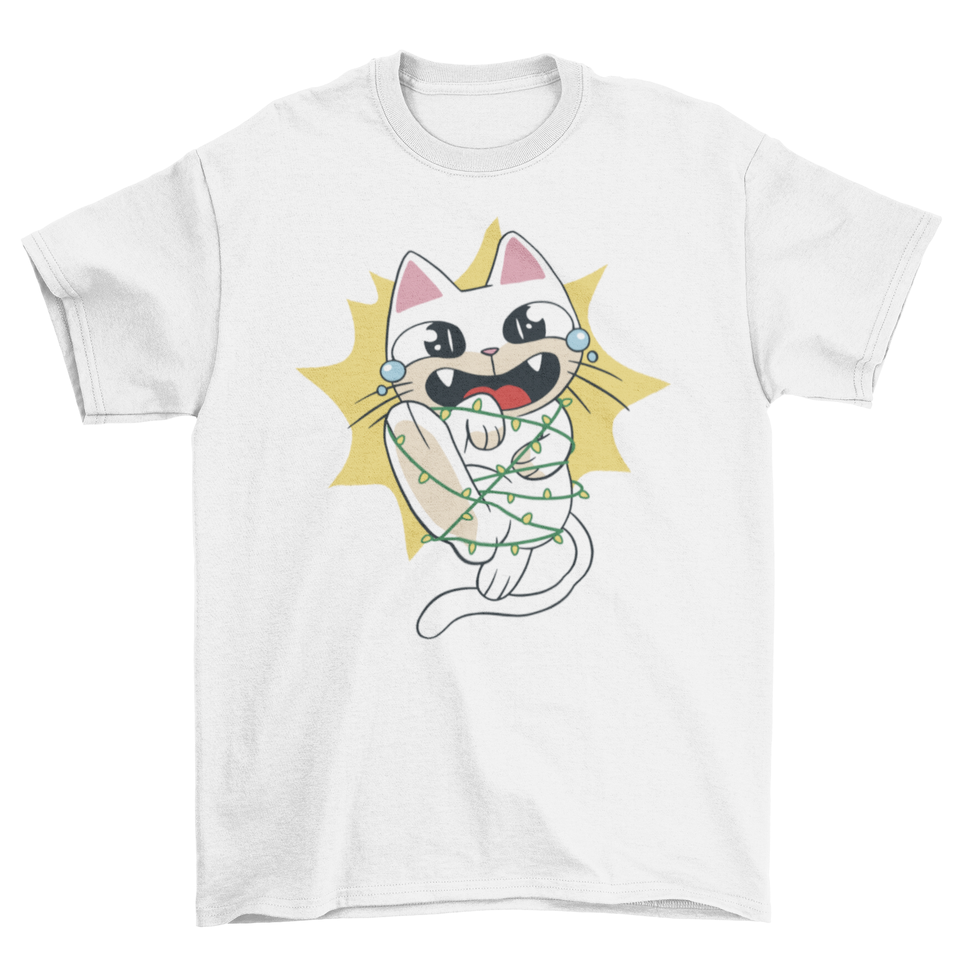 A cute cartoon cat tangled in colorful Christmas lights on a festive t-shirt.