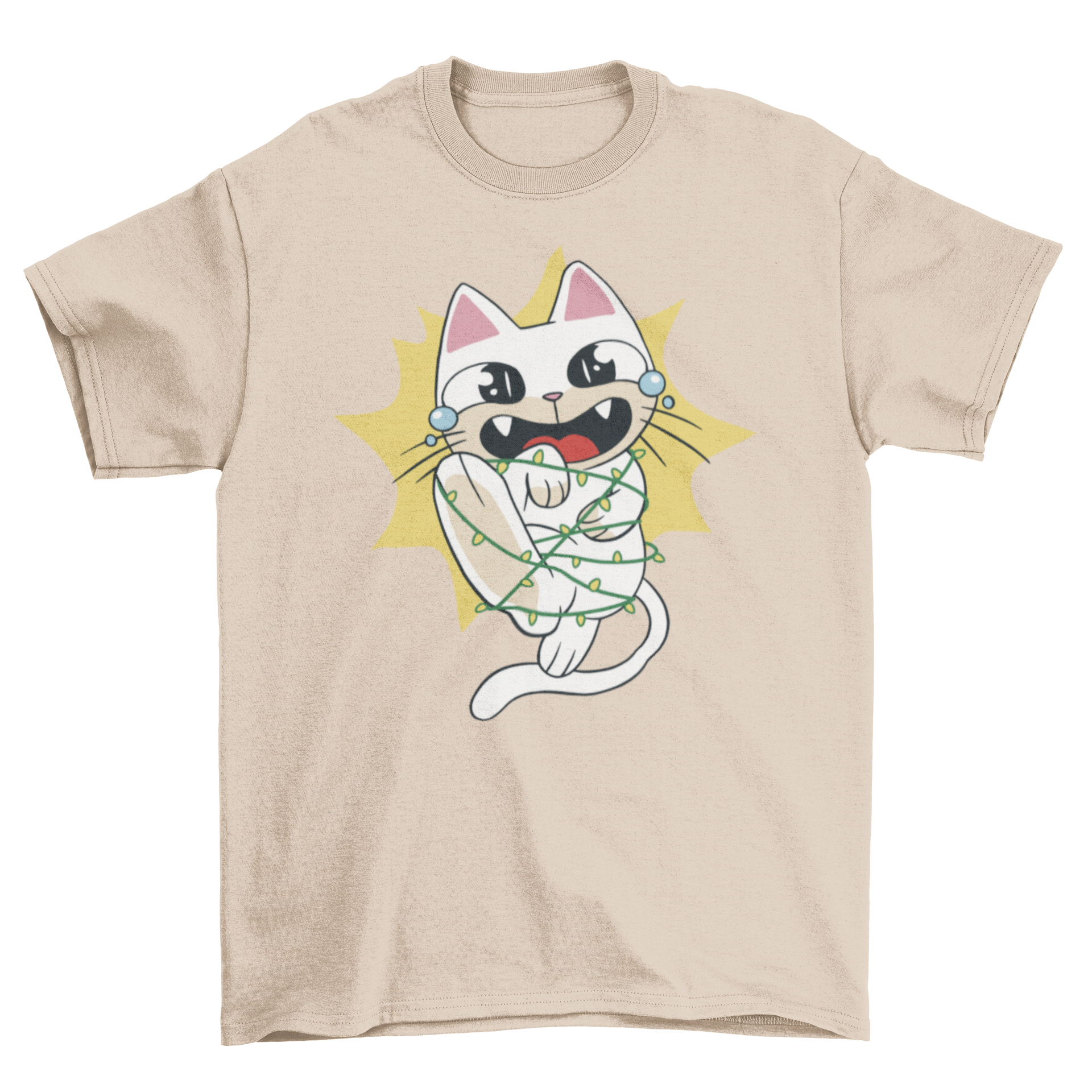 A cute cartoon cat tangled in colorful Christmas lights on a festive t-shirt.