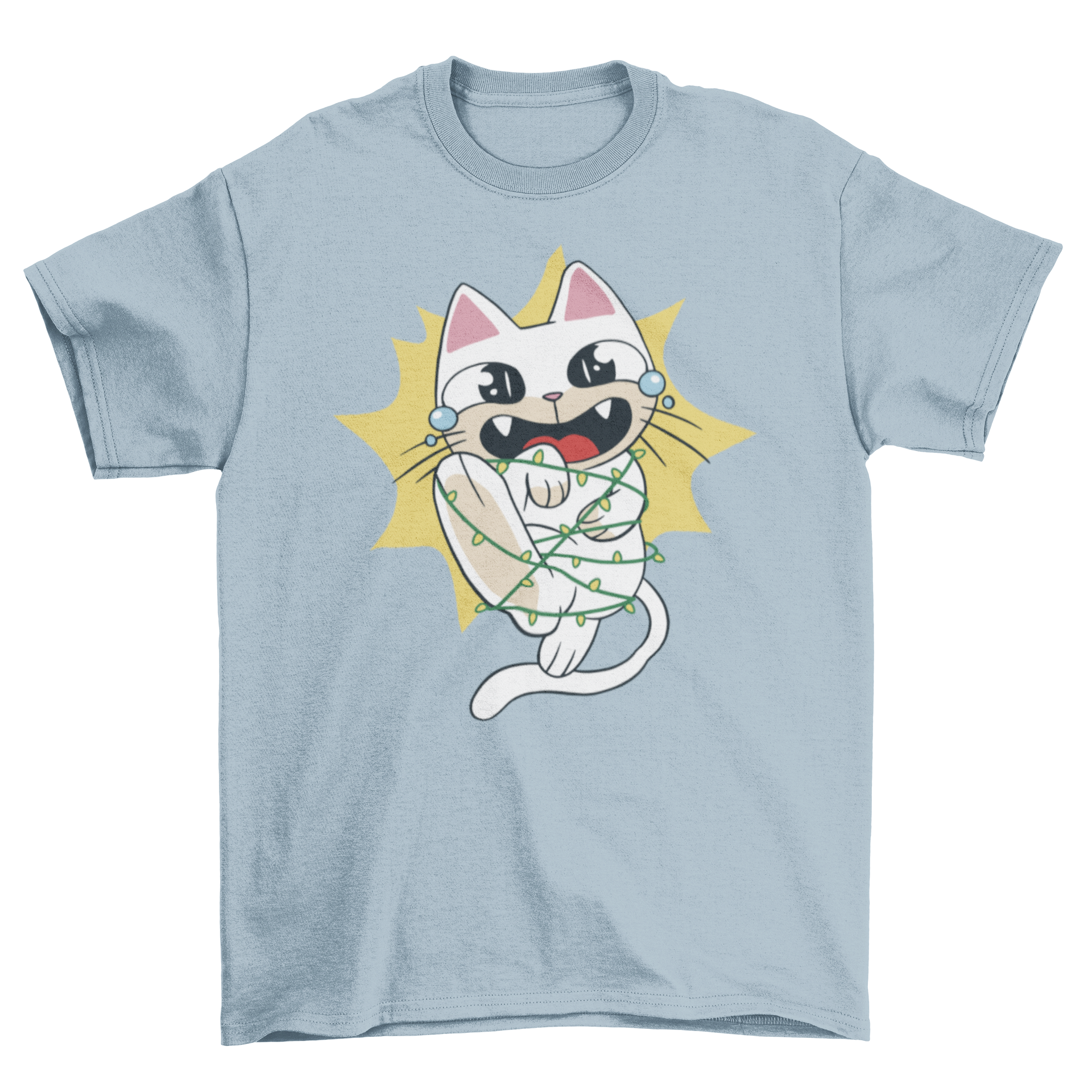 A cute cartoon cat tangled in colorful Christmas lights on a festive t-shirt.