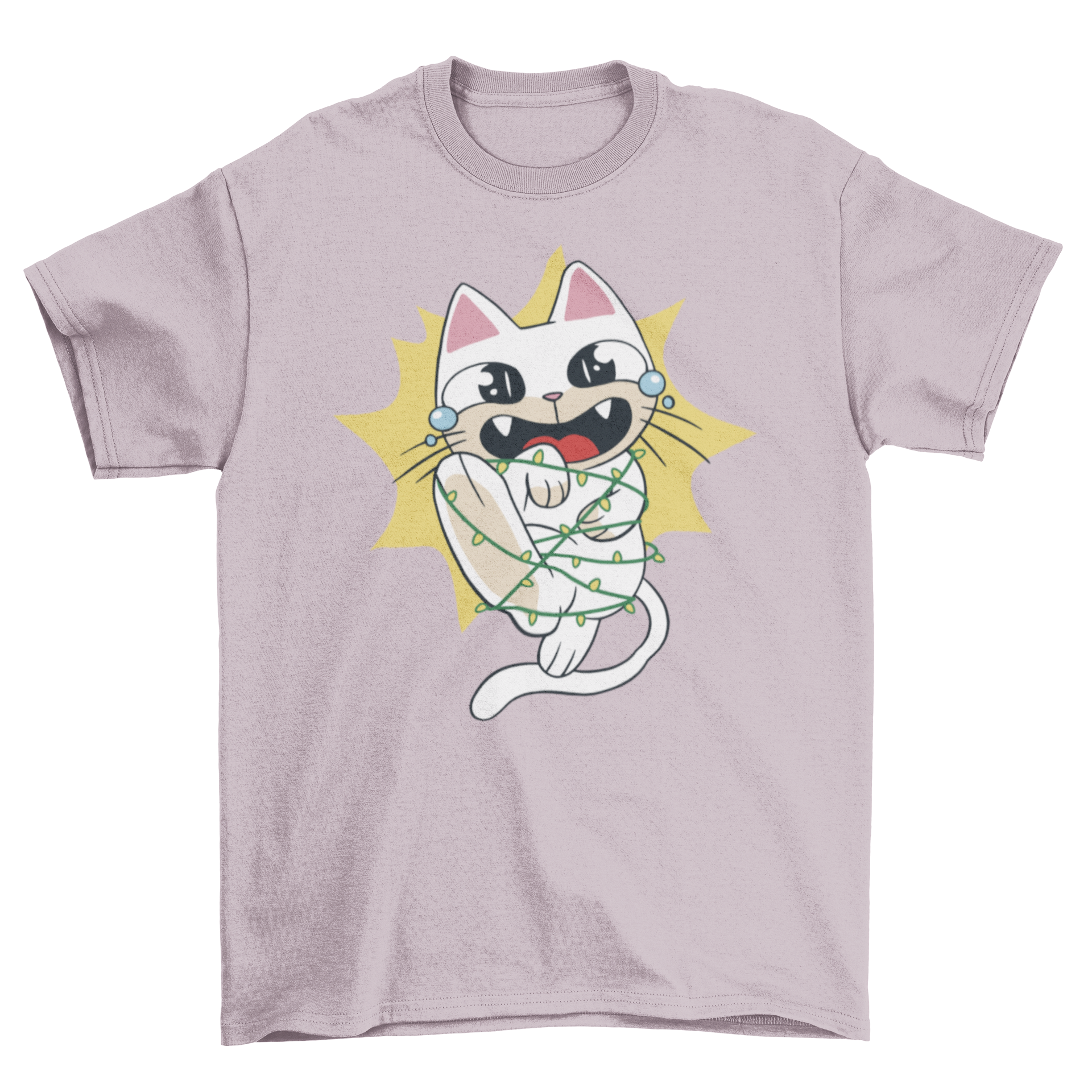 A cute cartoon cat tangled in colorful Christmas lights on a festive t-shirt.