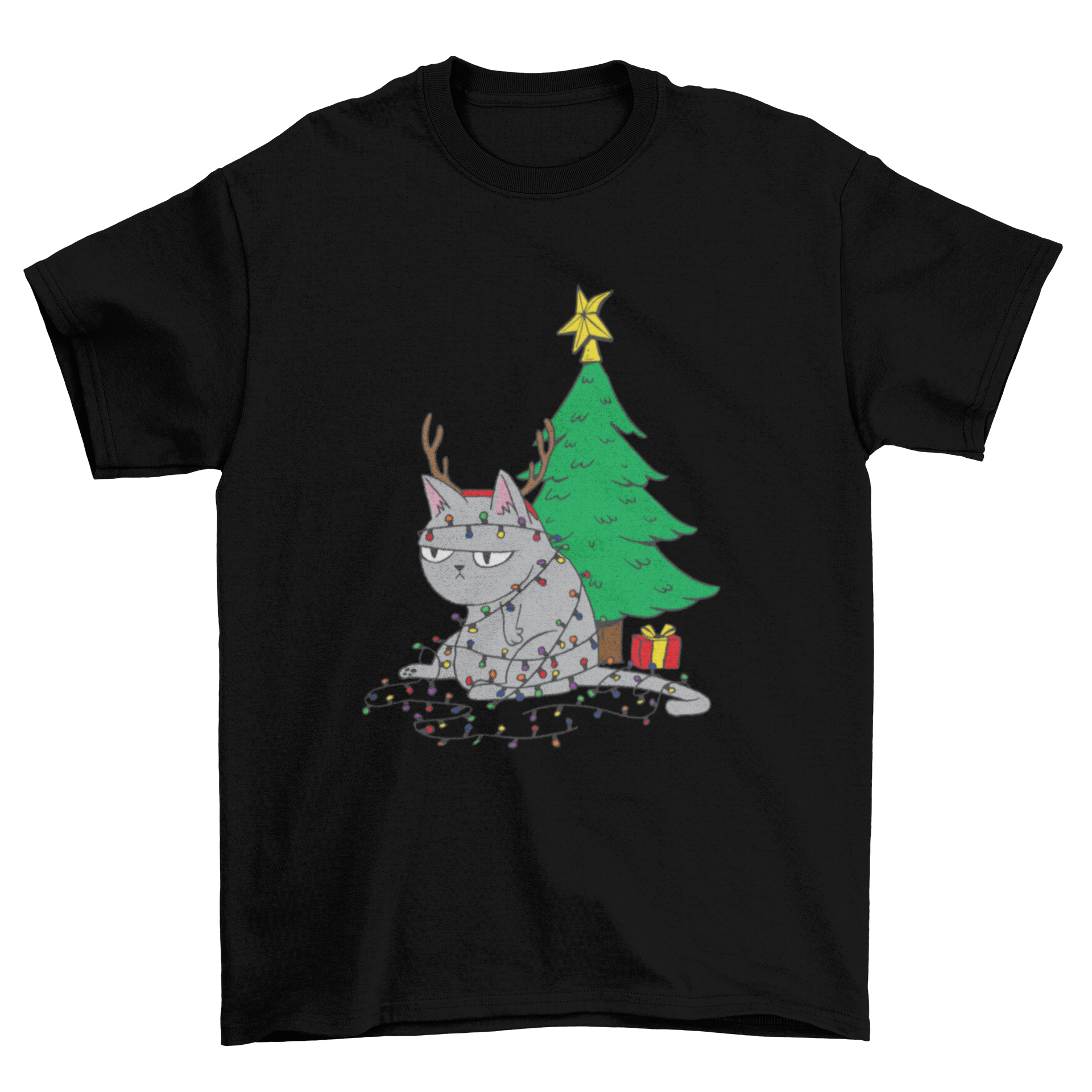 A cute t-shirt design featuring an angry cat tangled in colorful Christmas lights, showcasing a playful holiday theme.