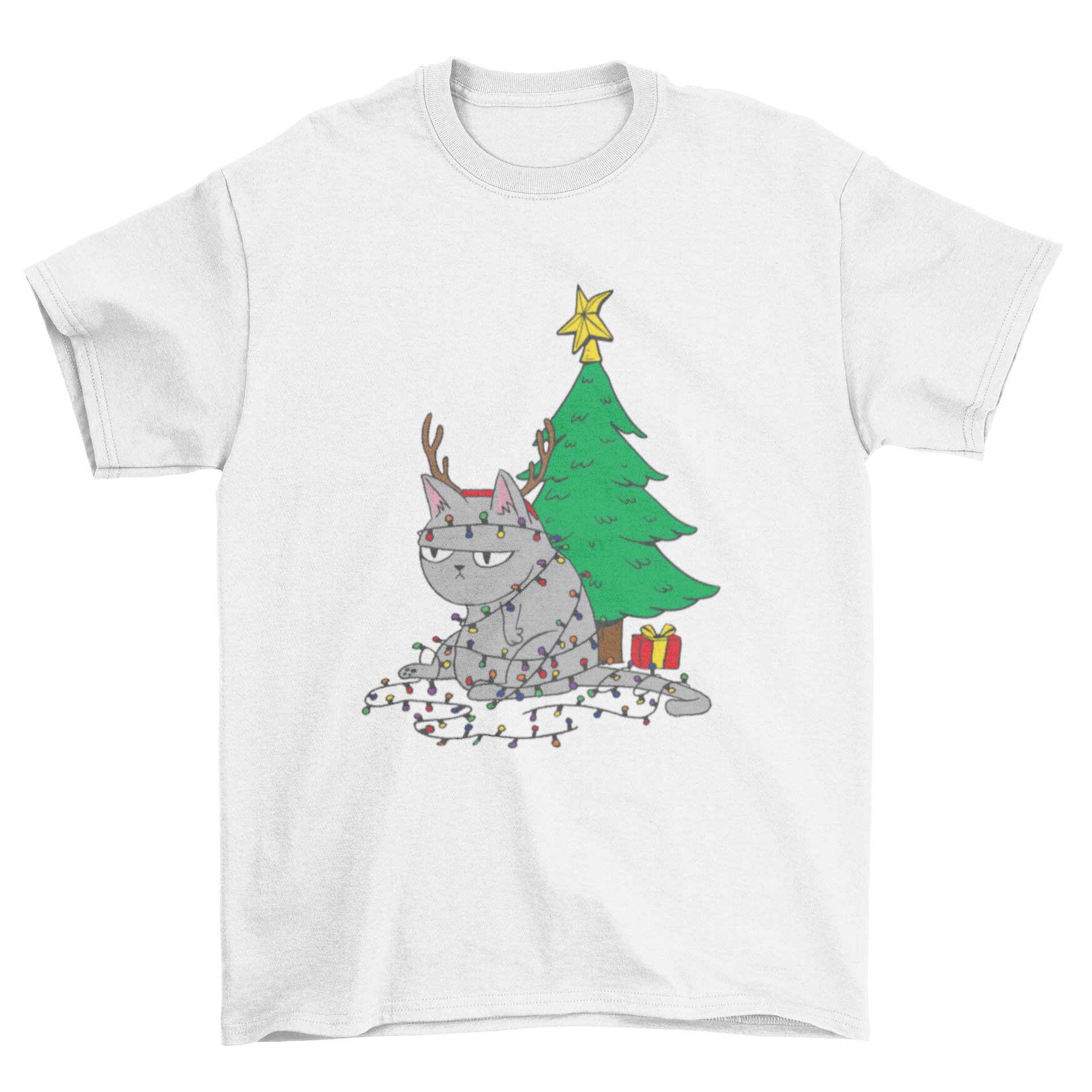 A cute t-shirt design featuring an angry cat tangled in colorful Christmas lights, showcasing a playful holiday theme.