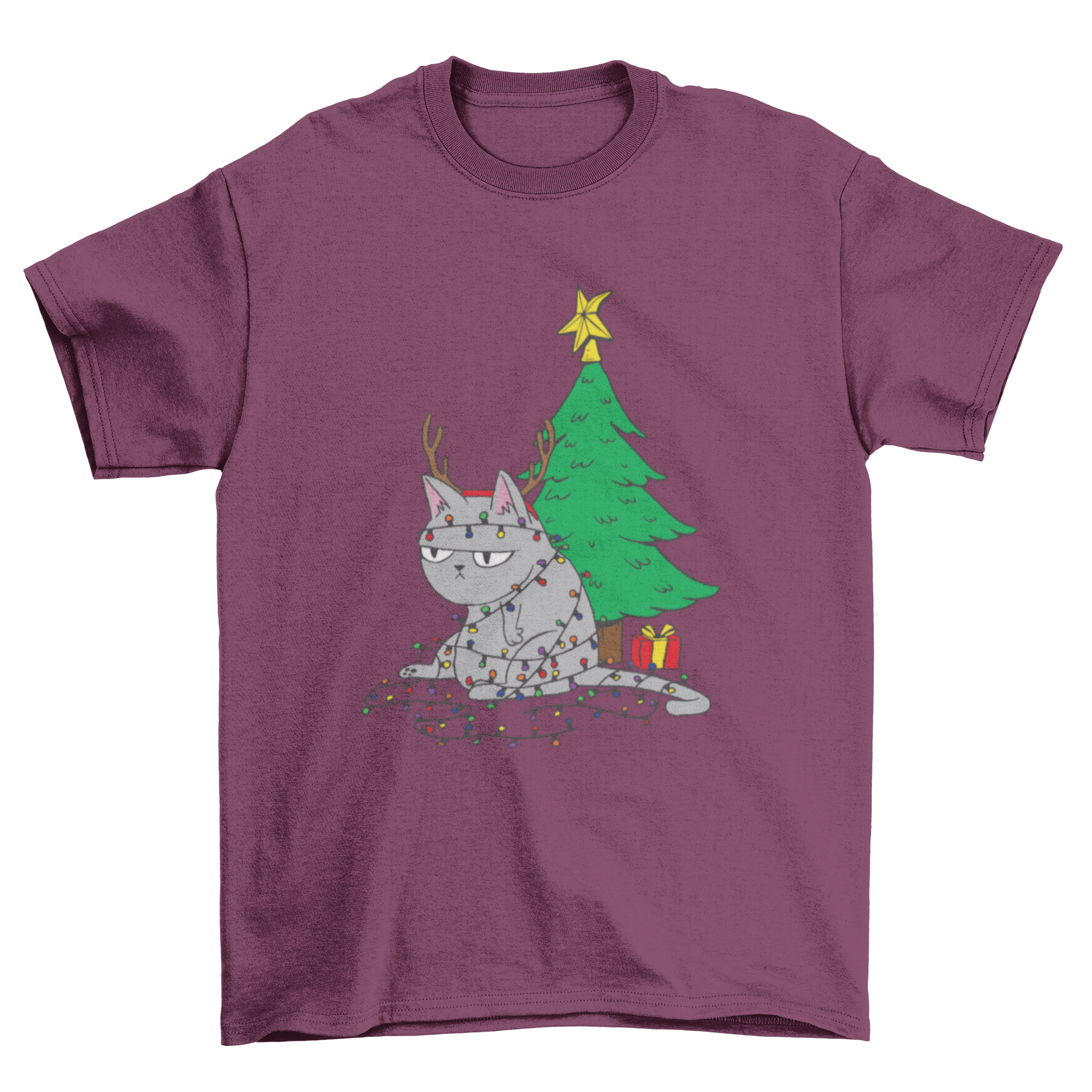 A cute t-shirt design featuring an angry cat tangled in colorful Christmas lights, showcasing a playful holiday theme.