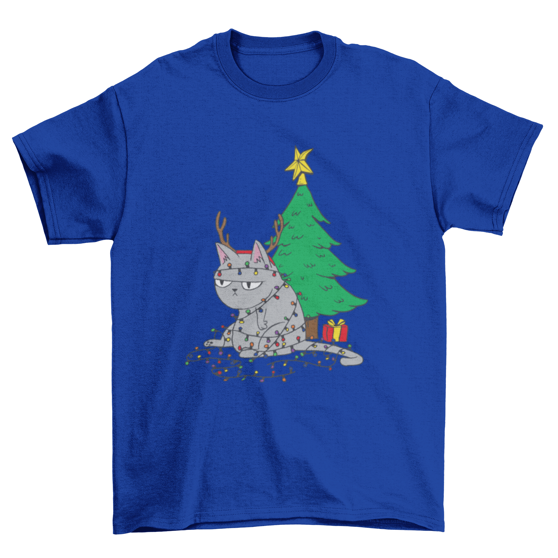 A cute t-shirt design featuring an angry cat tangled in colorful Christmas lights, showcasing a playful holiday theme.