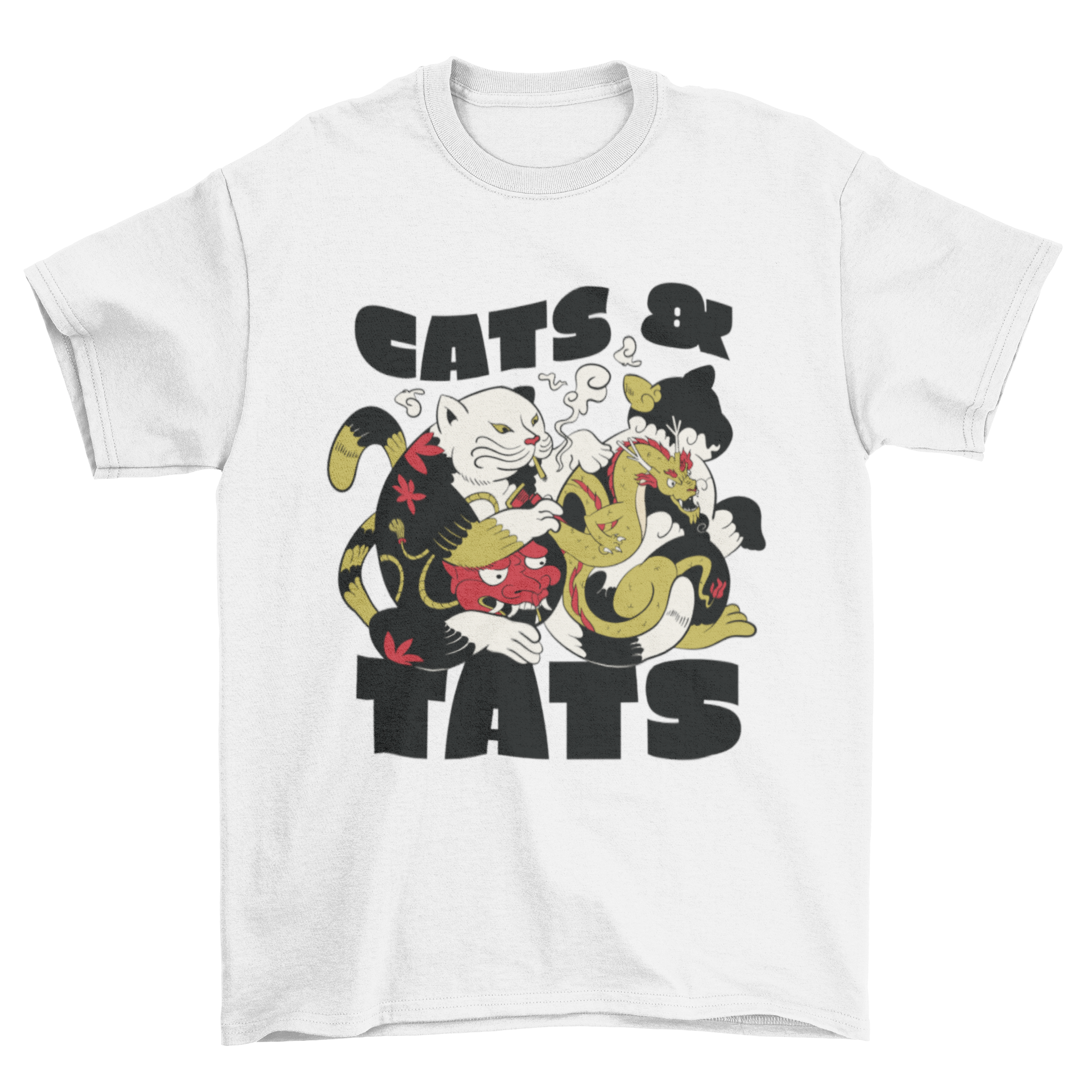 A fun t-shirt featuring a cat tattooing a dragon on another cat with the quote 'Cats and tats'.