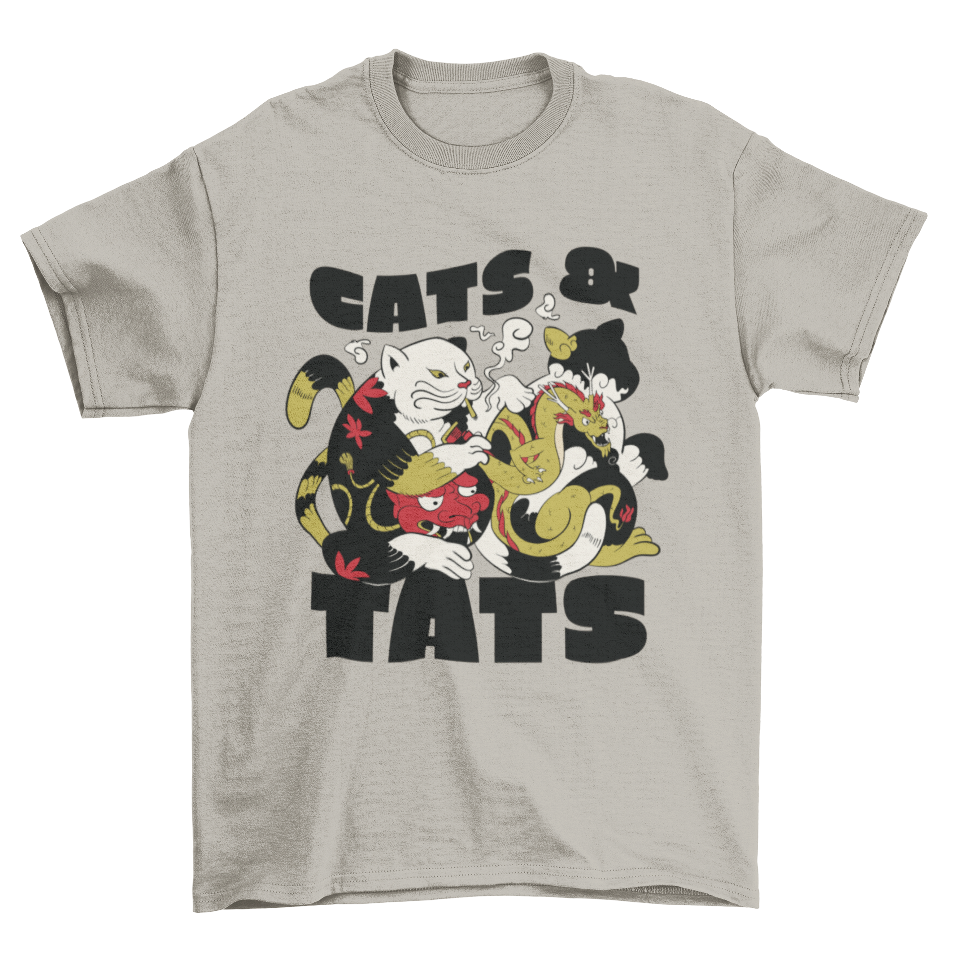 A fun t-shirt featuring a cat tattooing a dragon on another cat with the quote 'Cats and tats'.