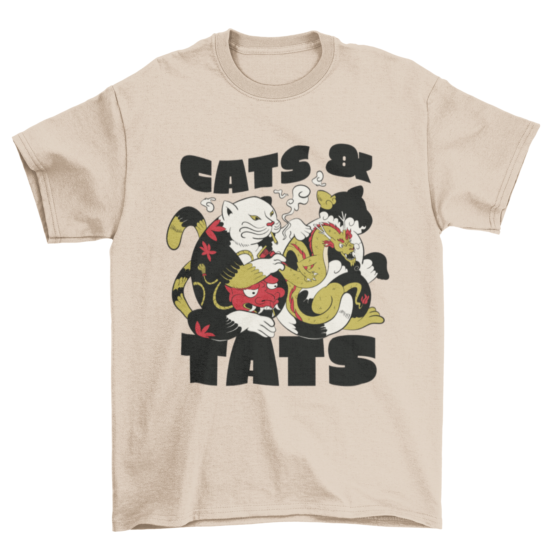 A fun t-shirt featuring a cat tattooing a dragon on another cat with the quote 'Cats and tats'.