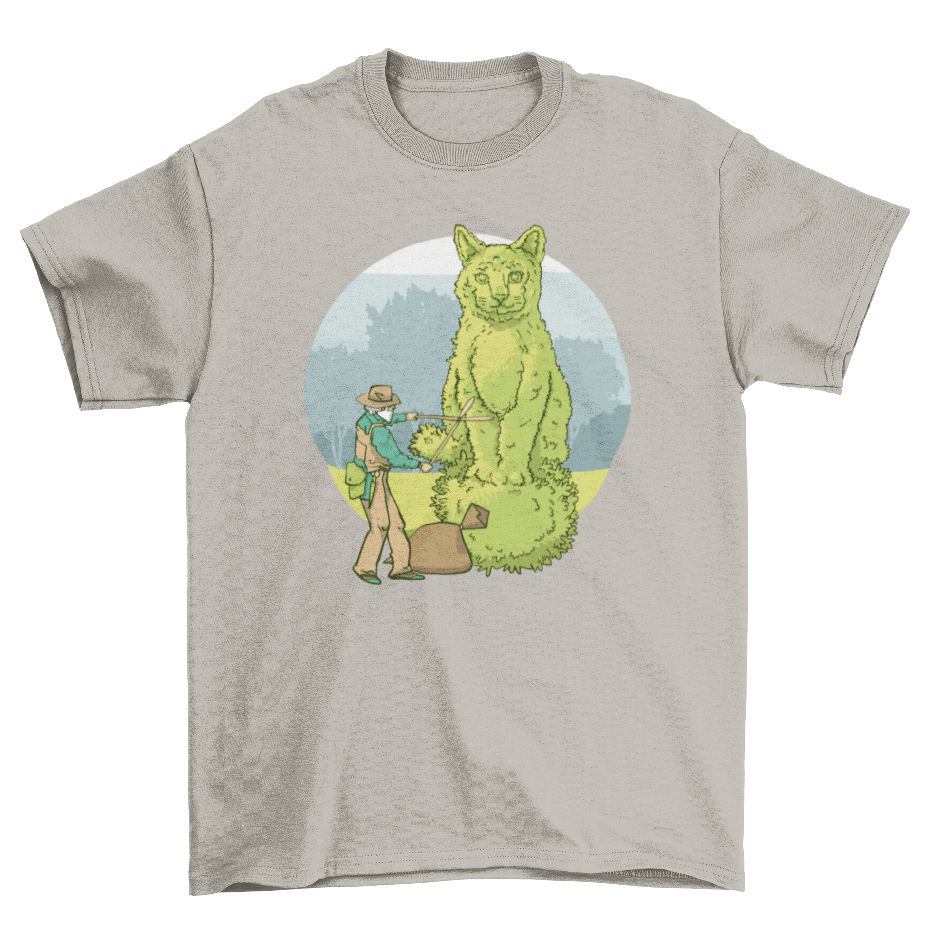 A stylish t-shirt featuring a whimsical design of a gardener creating a cat-shaped topiary, perfect for gardening enthusiasts.