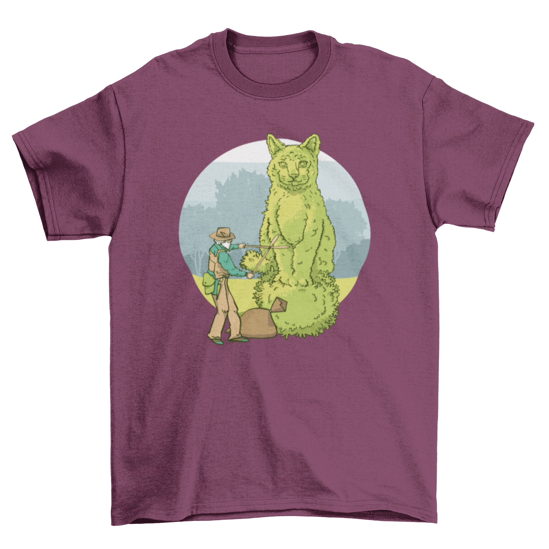 A stylish t-shirt featuring a whimsical design of a gardener creating a cat-shaped topiary, perfect for gardening enthusiasts.