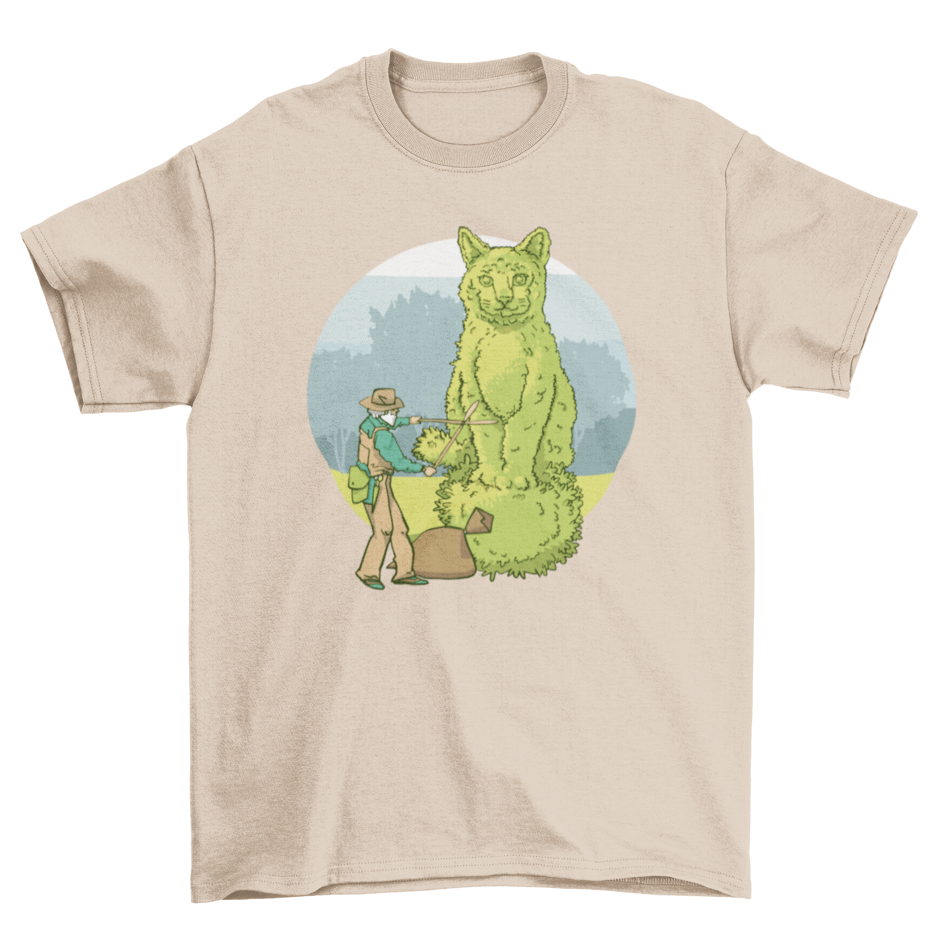 A stylish t-shirt featuring a whimsical design of a gardener creating a cat-shaped topiary, perfect for gardening enthusiasts.