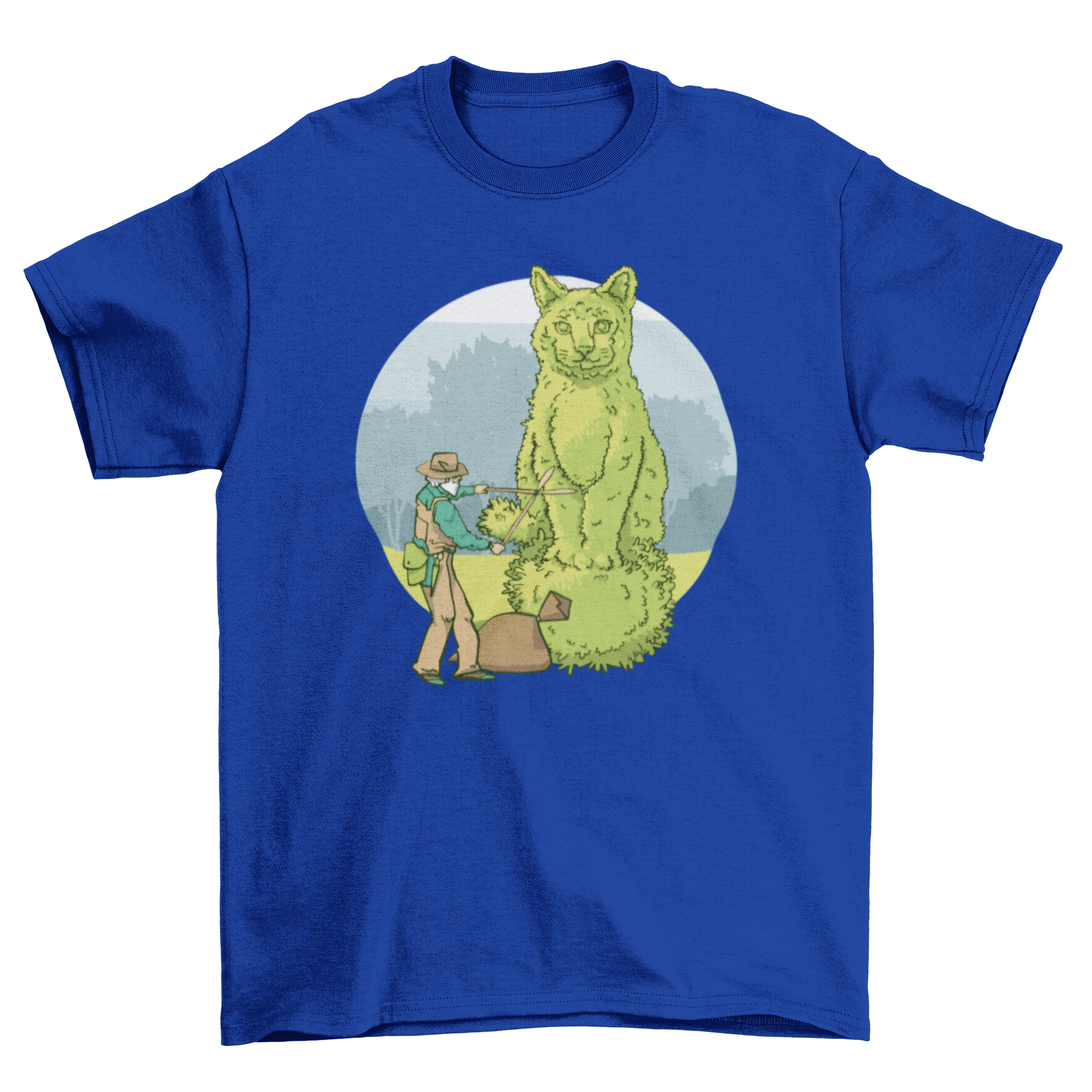 A stylish t-shirt featuring a whimsical design of a gardener creating a cat-shaped topiary, perfect for gardening enthusiasts.