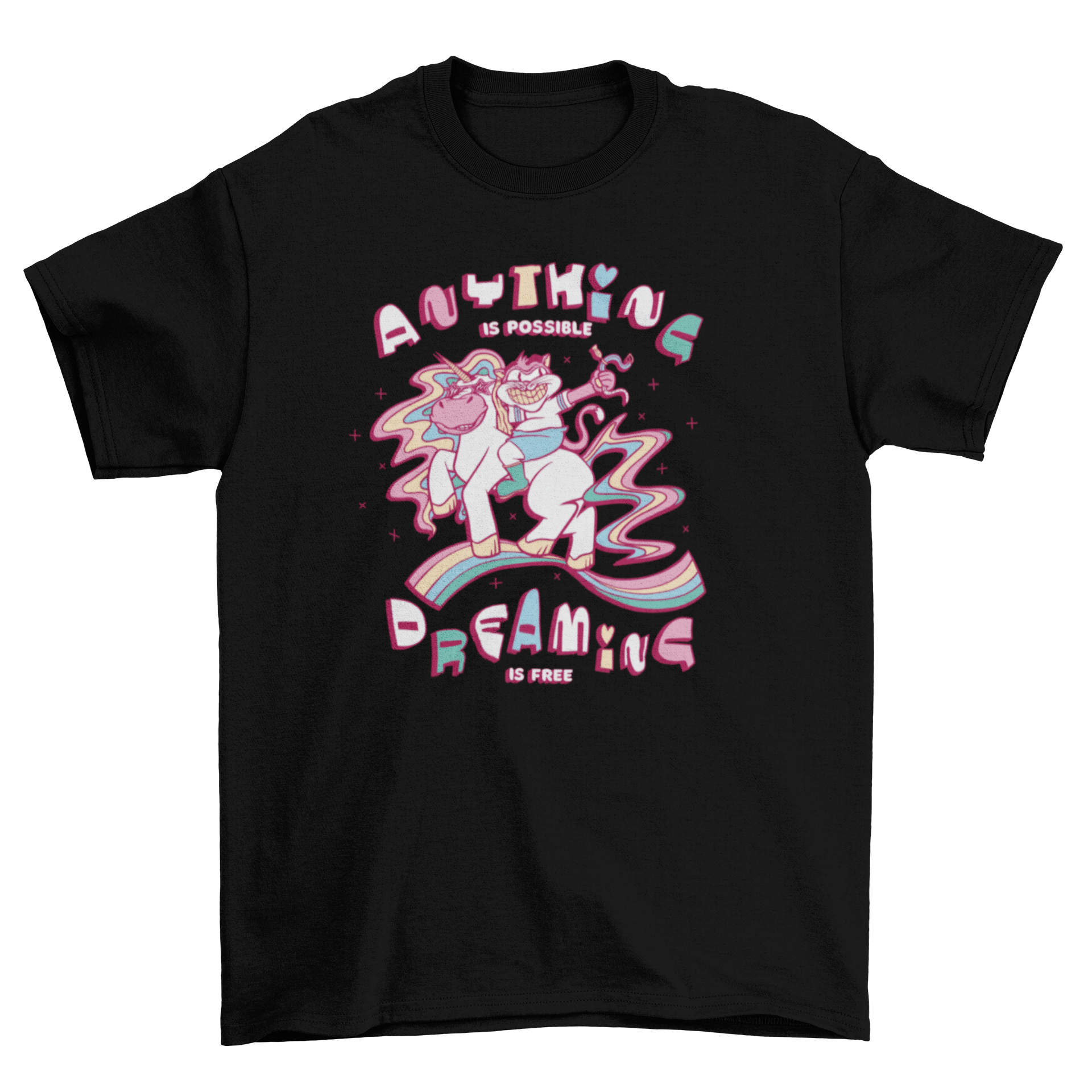 A colorful t-shirt featuring a cartoon cat riding a unicorn with star-shaped sunglasses, perfect for cat lovers.