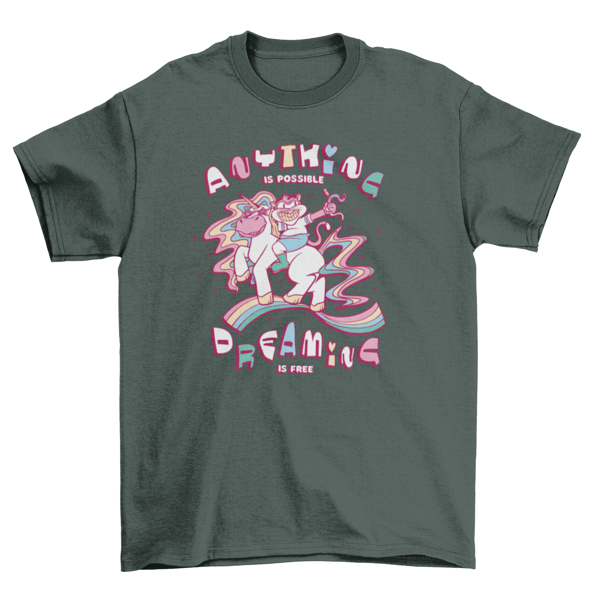 A colorful t-shirt featuring a cartoon cat riding a unicorn with star-shaped sunglasses, perfect for cat lovers.