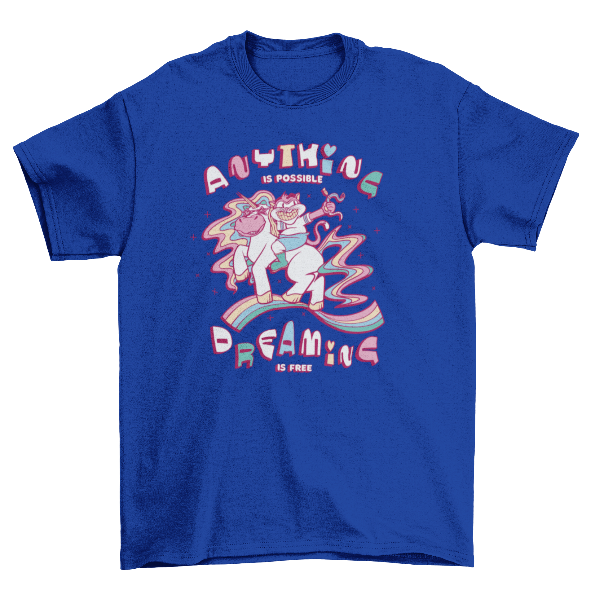 A colorful t-shirt featuring a cartoon cat riding a unicorn with star-shaped sunglasses, perfect for cat lovers.