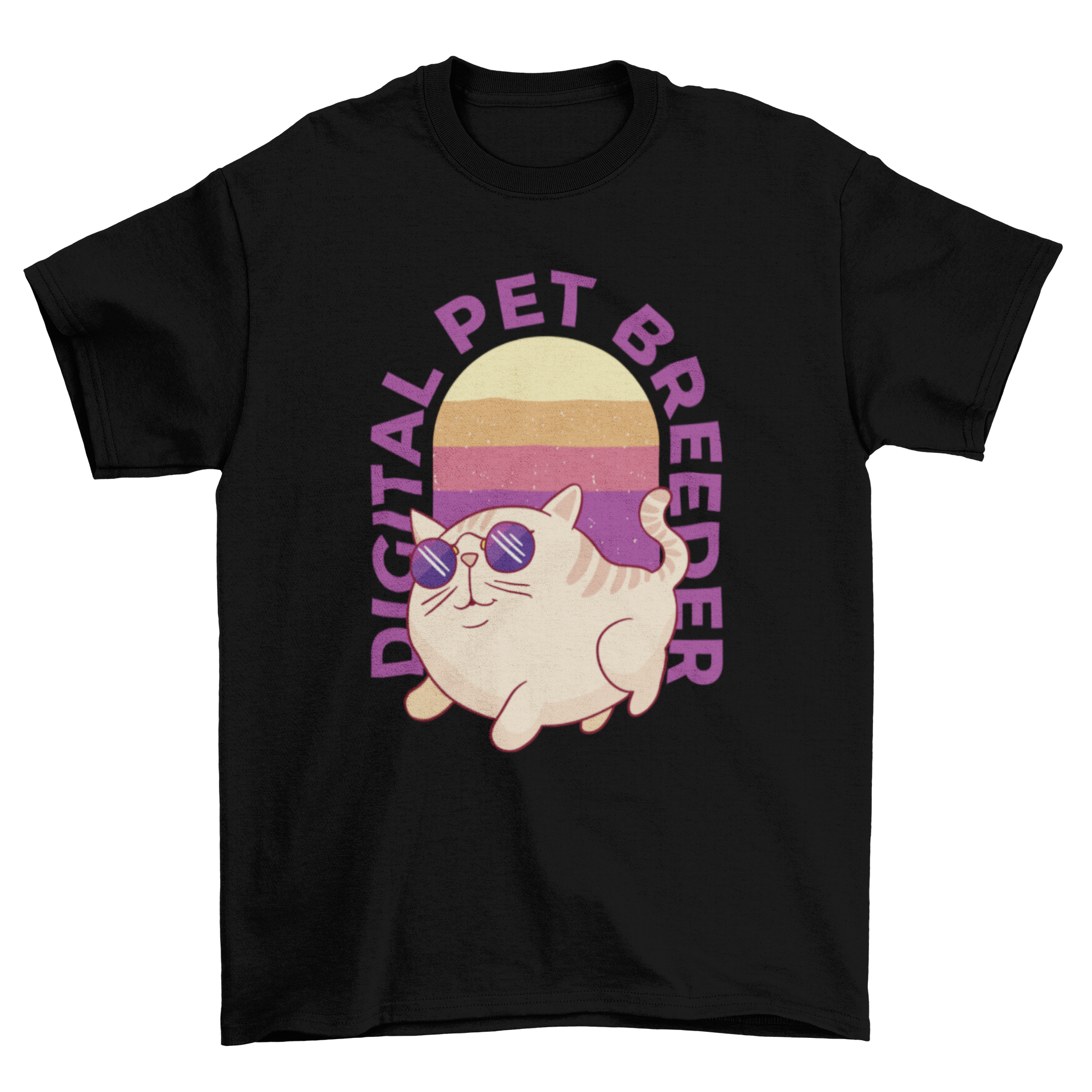 A stylish t-shirt featuring a cool cat wearing sunglasses with the quote 'Digital Pet Breeder'.