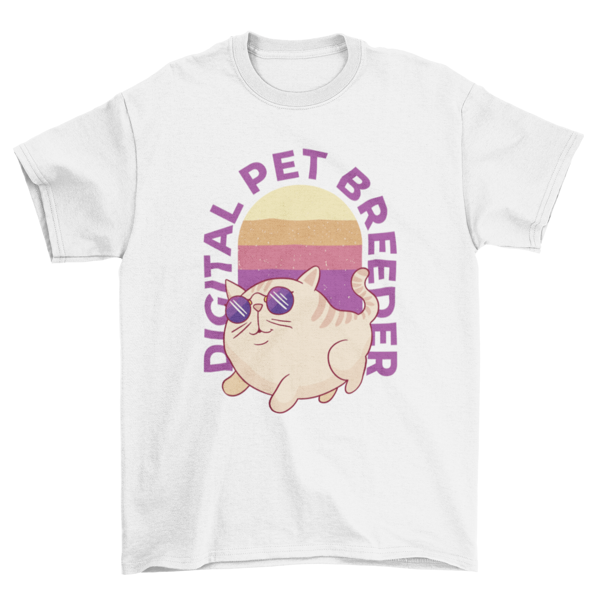 A stylish t-shirt featuring a cool cat wearing sunglasses with the quote 'Digital Pet Breeder'.