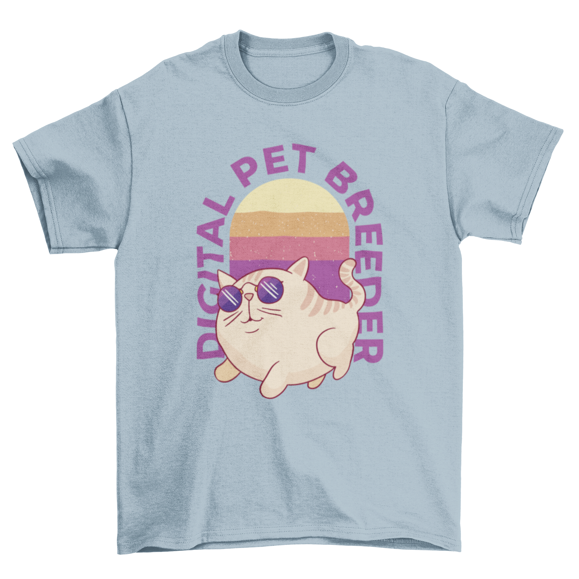 A stylish t-shirt featuring a cool cat wearing sunglasses with the quote 'Digital Pet Breeder'.