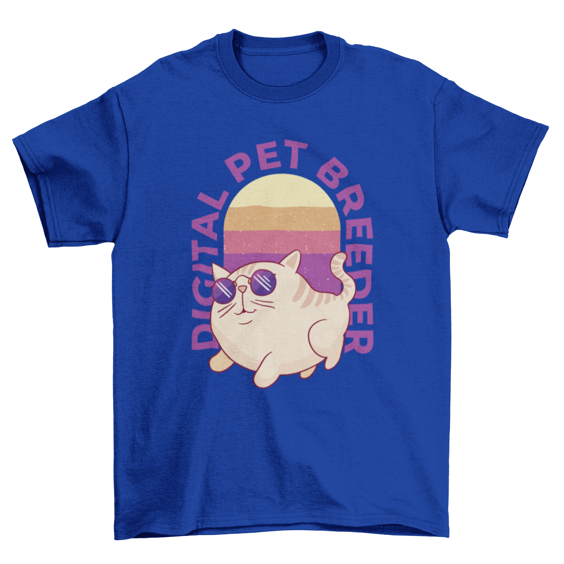 A stylish t-shirt featuring a cool cat wearing sunglasses with the quote 'Digital Pet Breeder'.