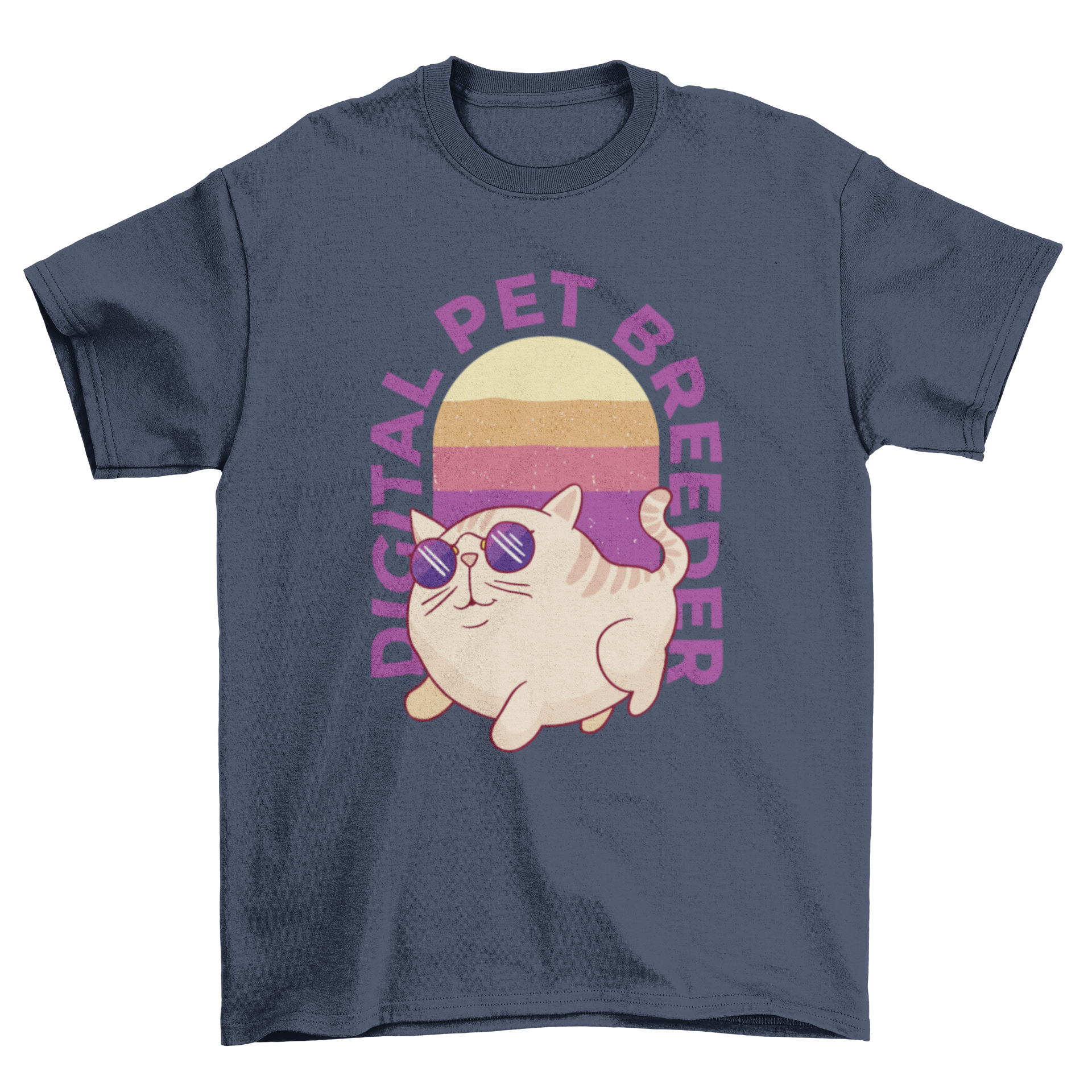 A stylish t-shirt featuring a cool cat wearing sunglasses with the quote 'Digital Pet Breeder'.