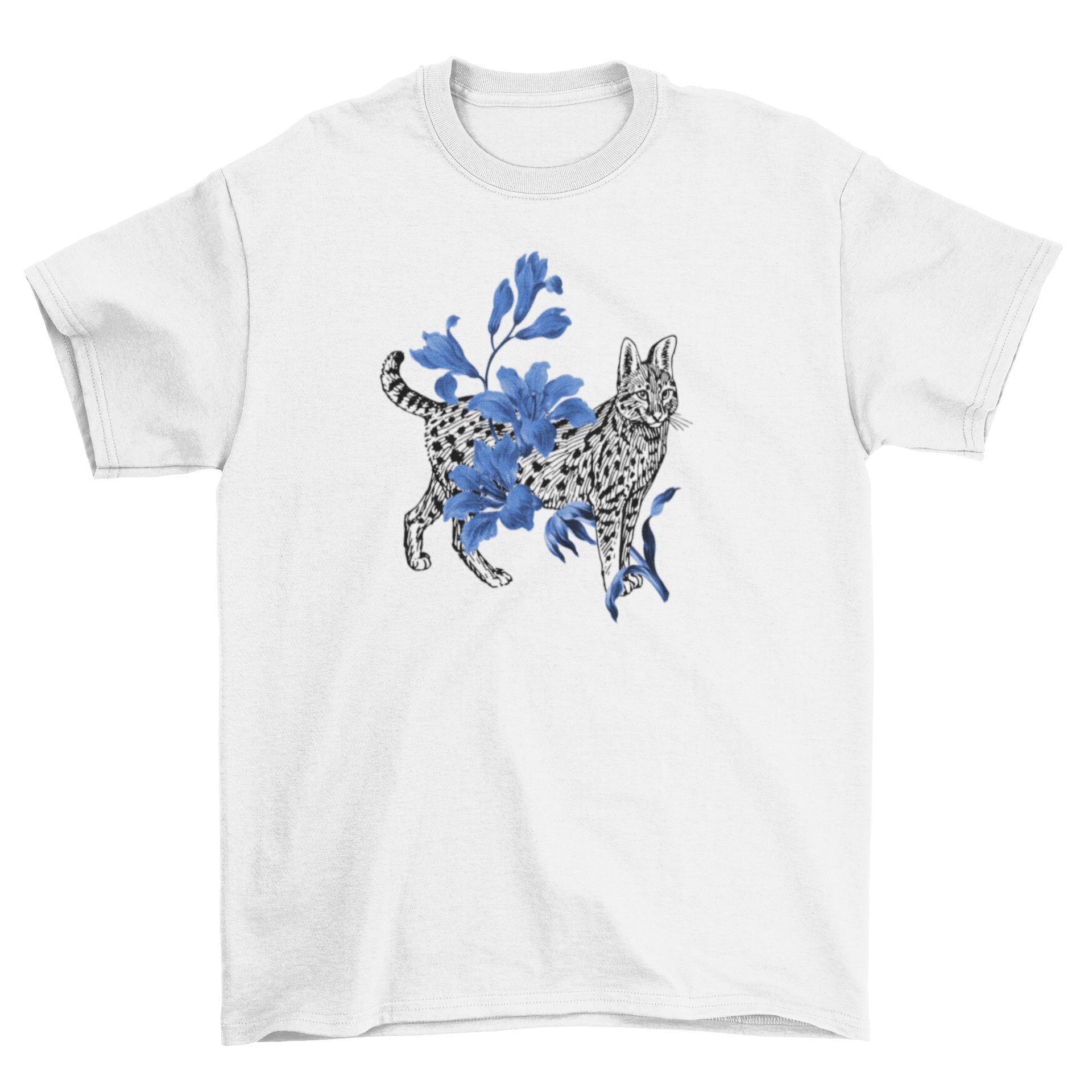 A stylish t-shirt featuring a cat design surrounded by vibrant blue flowers, perfect for casual wear.