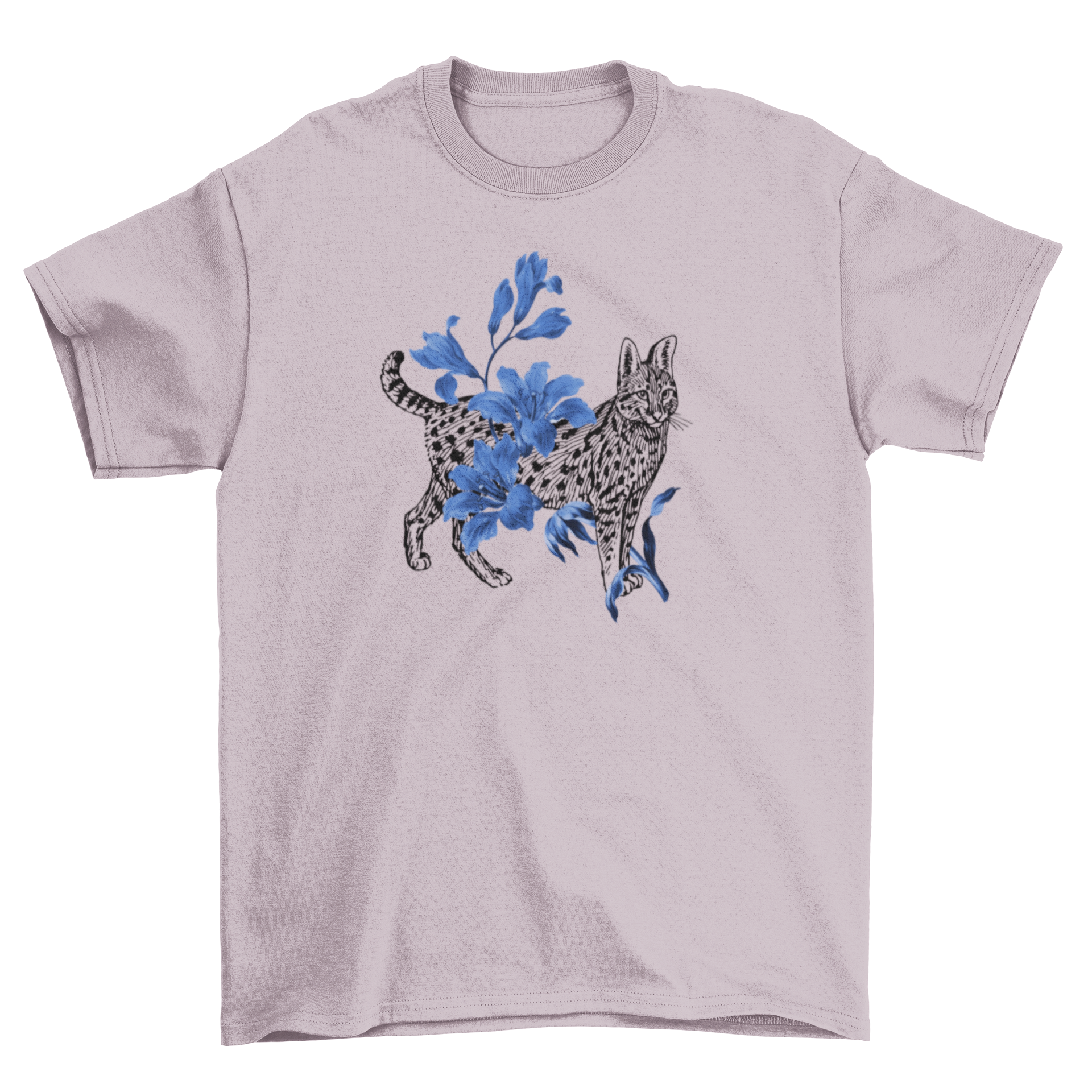 A stylish t-shirt featuring a cat design surrounded by vibrant blue flowers, perfect for casual wear.