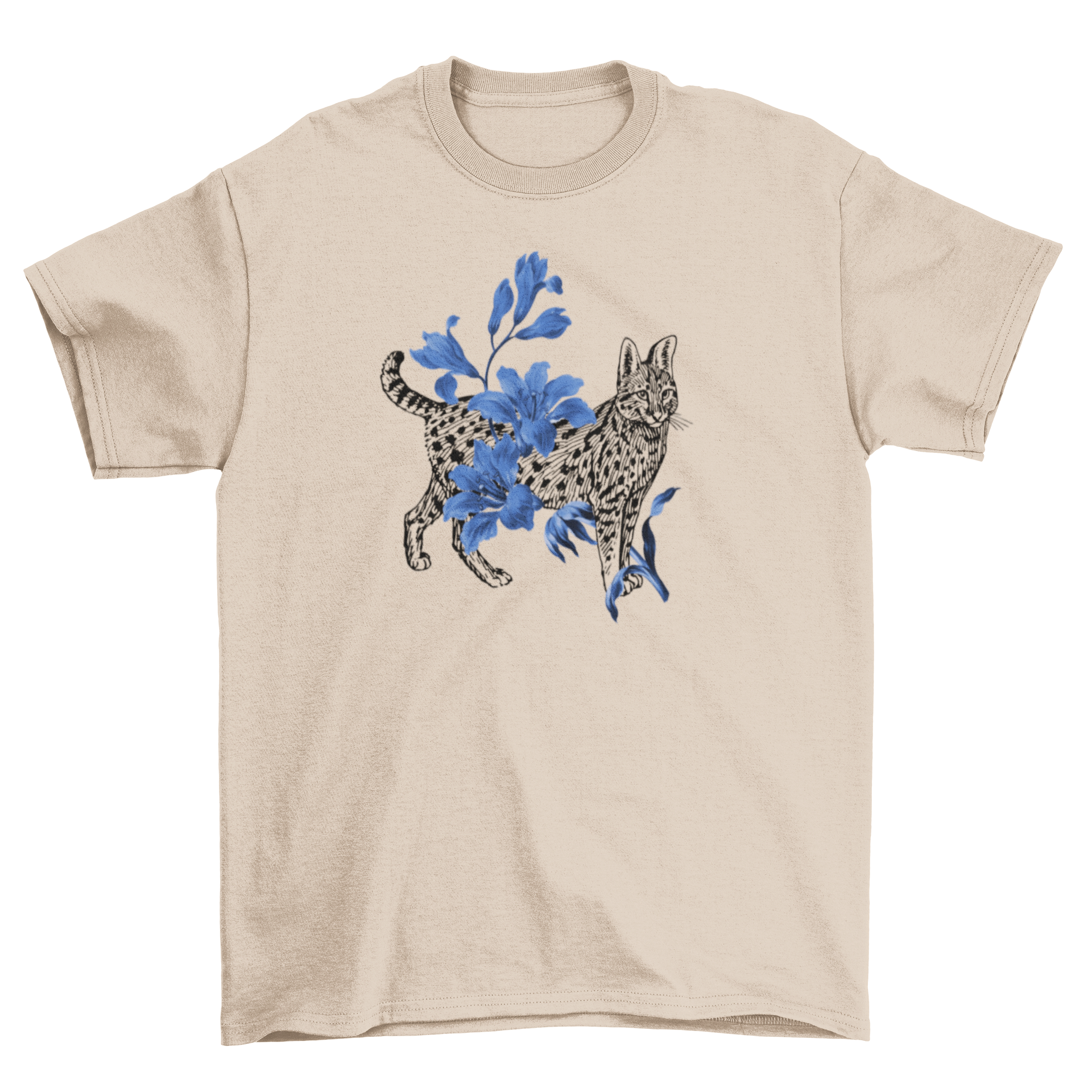 A stylish t-shirt featuring a cat design surrounded by vibrant blue flowers, perfect for casual wear.