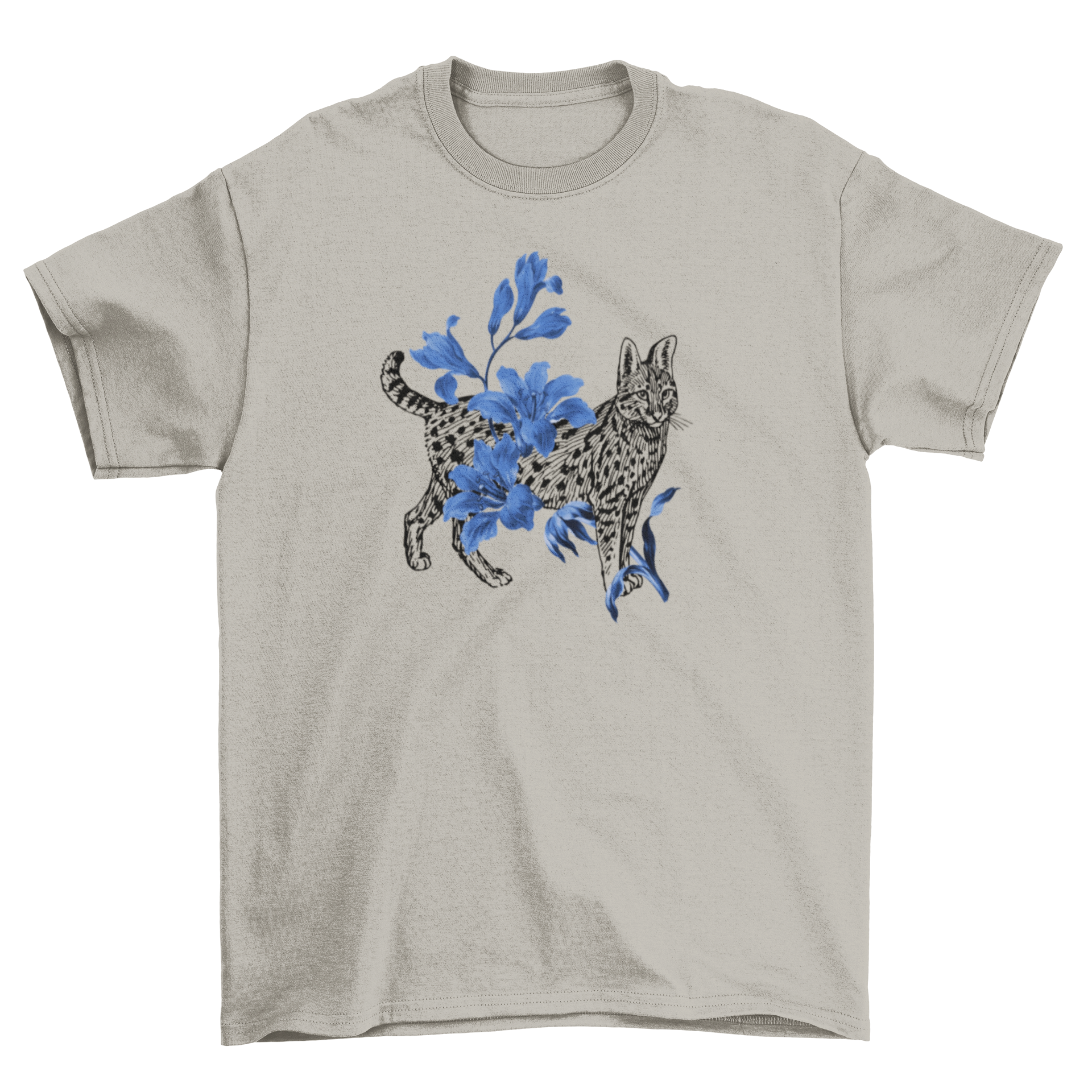 A stylish t-shirt featuring a cat design surrounded by vibrant blue flowers, perfect for casual wear.