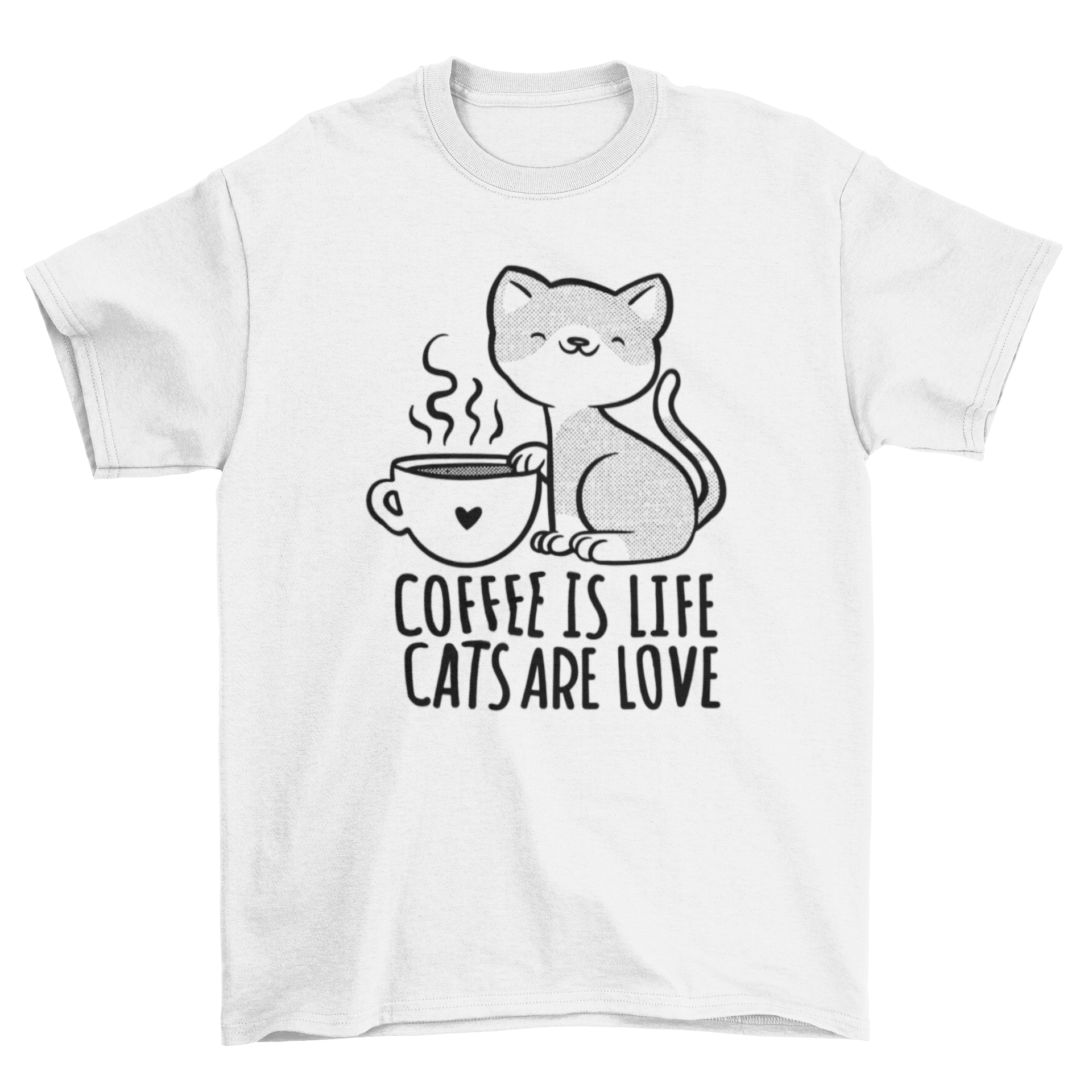 A stylish t-shirt featuring a cute cat holding a coffee mug with the quote 'Coffee is life. Cats are love.'