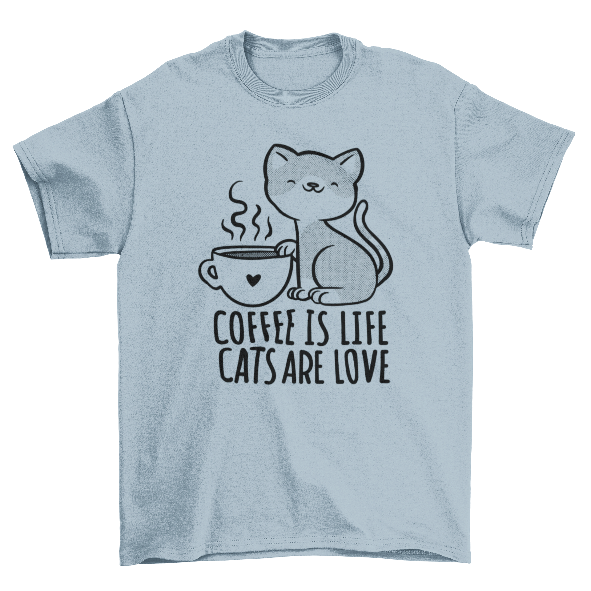 A stylish t-shirt featuring a cute cat holding a coffee mug with the quote 'Coffee is life. Cats are love.'