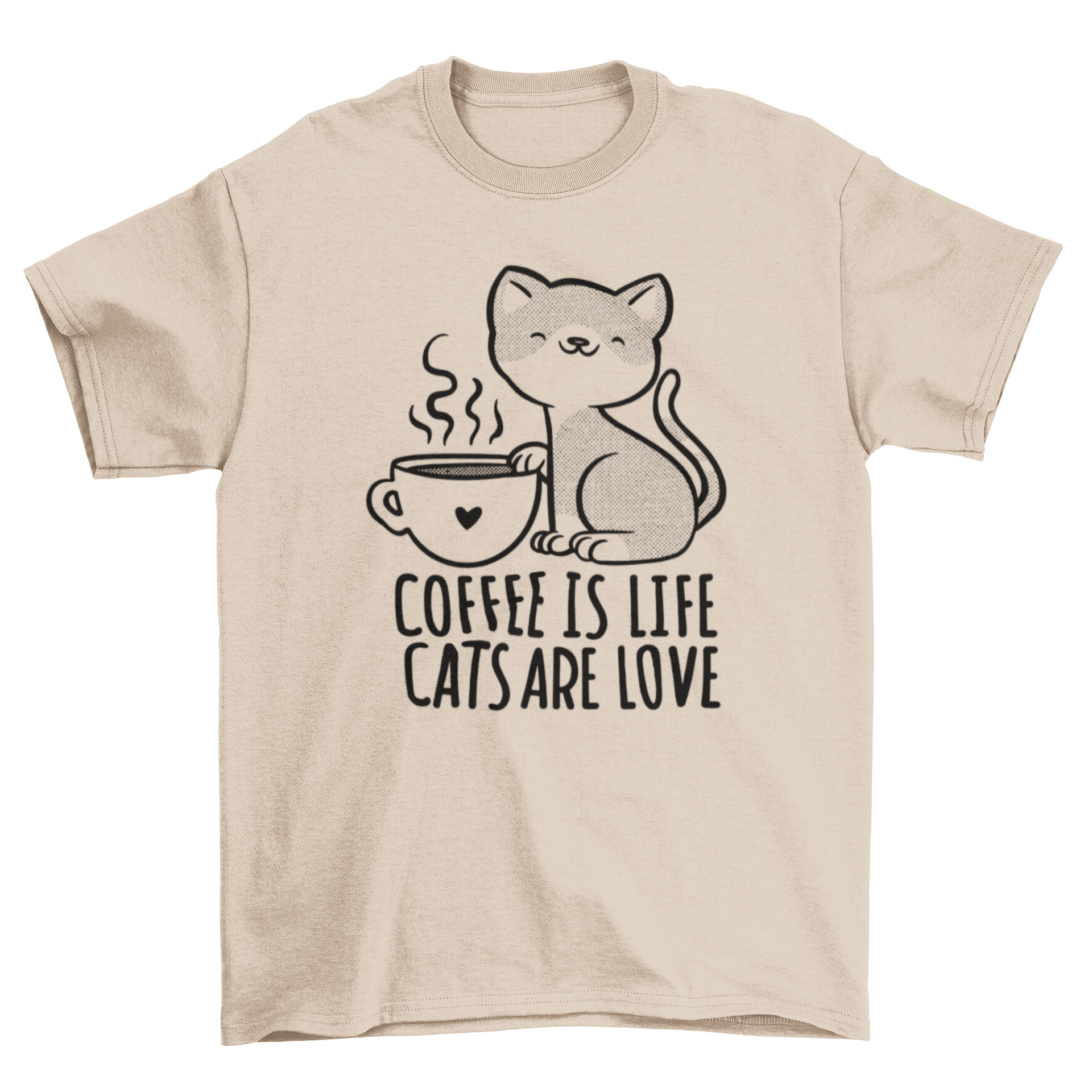 A stylish t-shirt featuring a cute cat holding a coffee mug with the quote 'Coffee is life. Cats are love.'