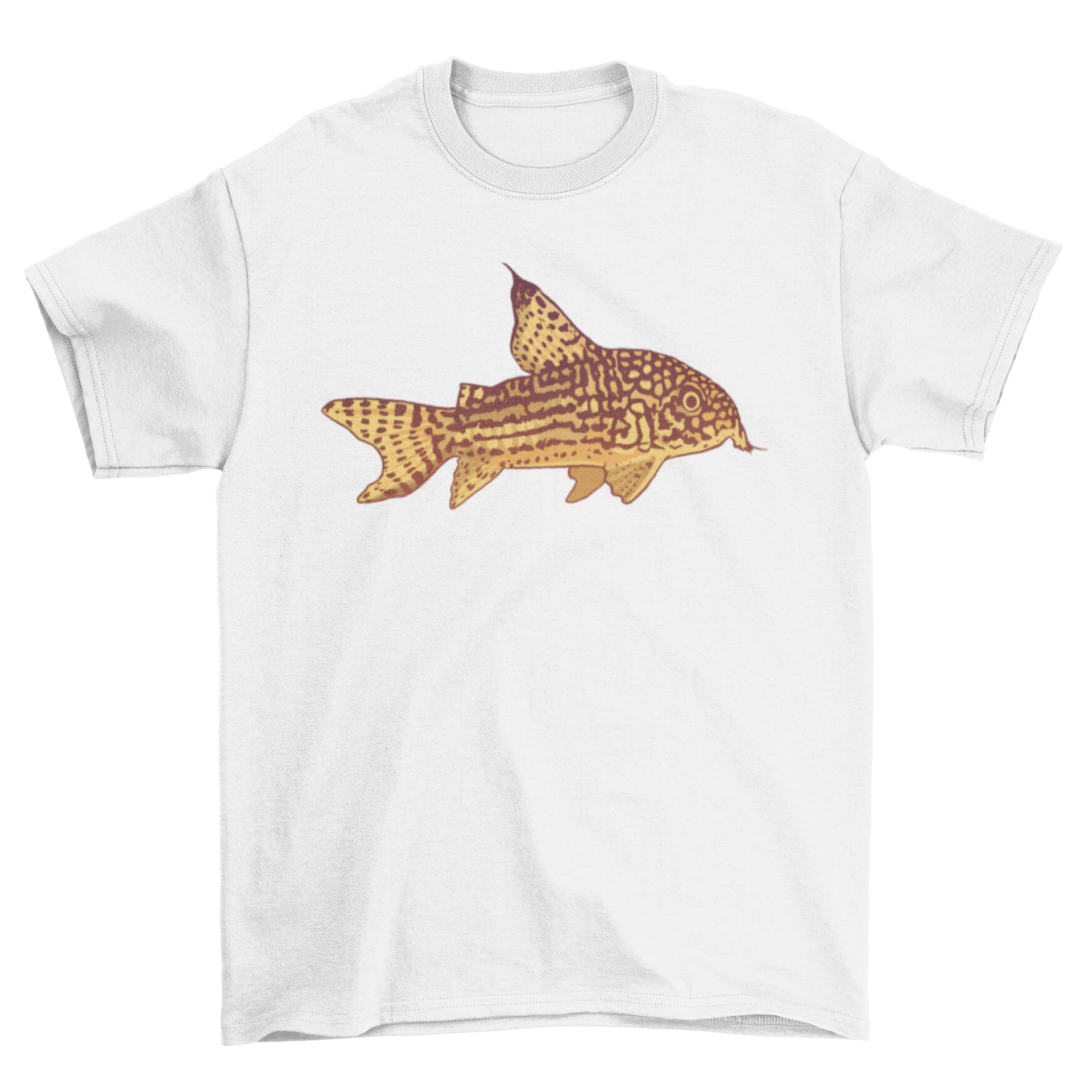 A stylish t-shirt featuring a vibrant catfish illustration, perfect for casual wear.