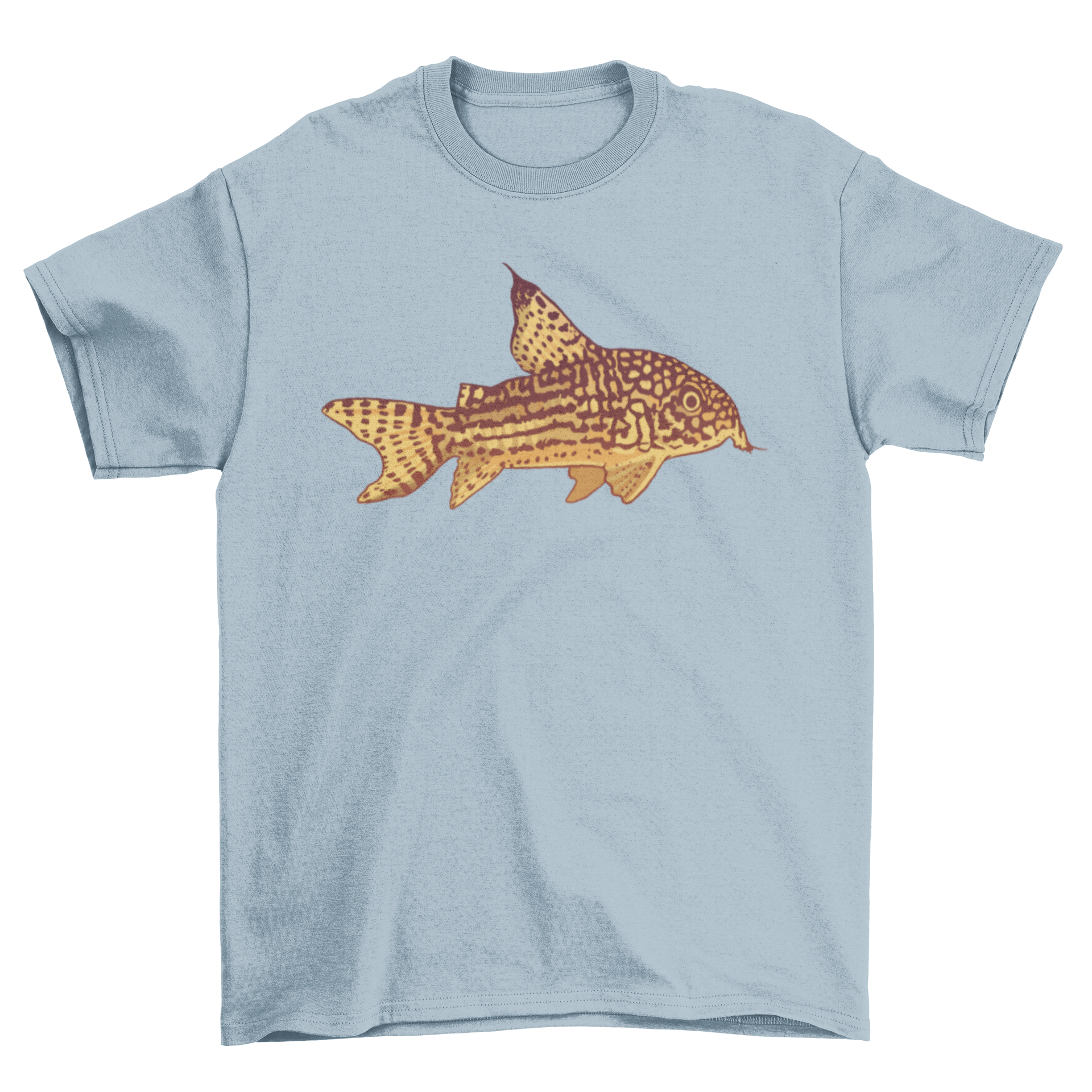 A stylish t-shirt featuring a vibrant catfish illustration, perfect for casual wear.