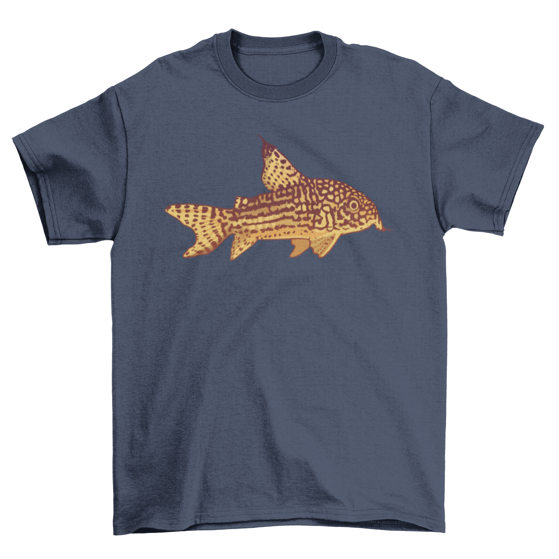 A stylish t-shirt featuring a vibrant catfish illustration, perfect for casual wear.