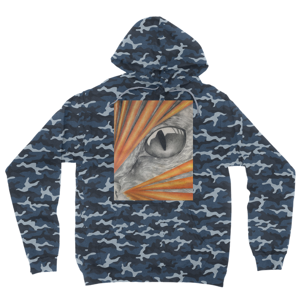 Catrays Camouflage Adult Hoodie featuring all-over camo design, double fabric hood, and kangaroo pouch pocket.