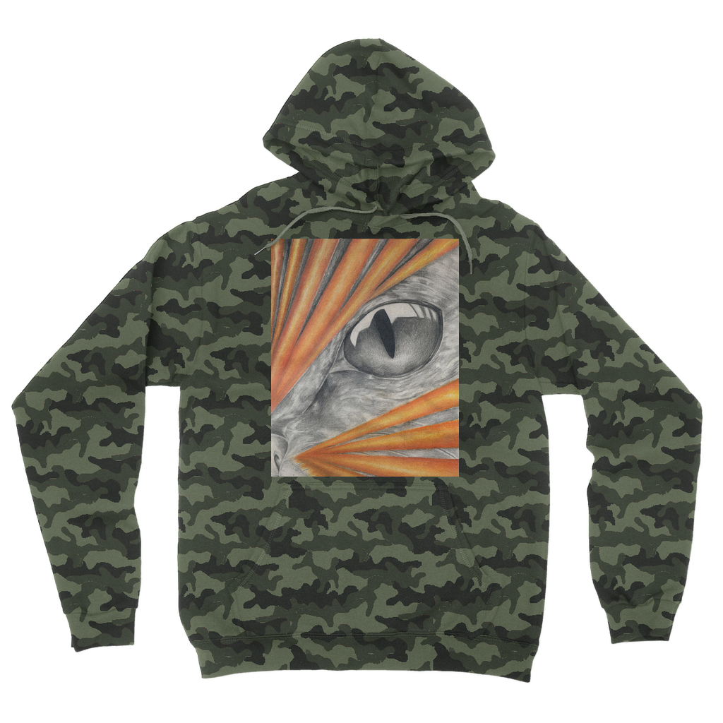 Catrays Camouflage Adult Hoodie featuring all-over camo design, double fabric hood, and kangaroo pouch pocket.