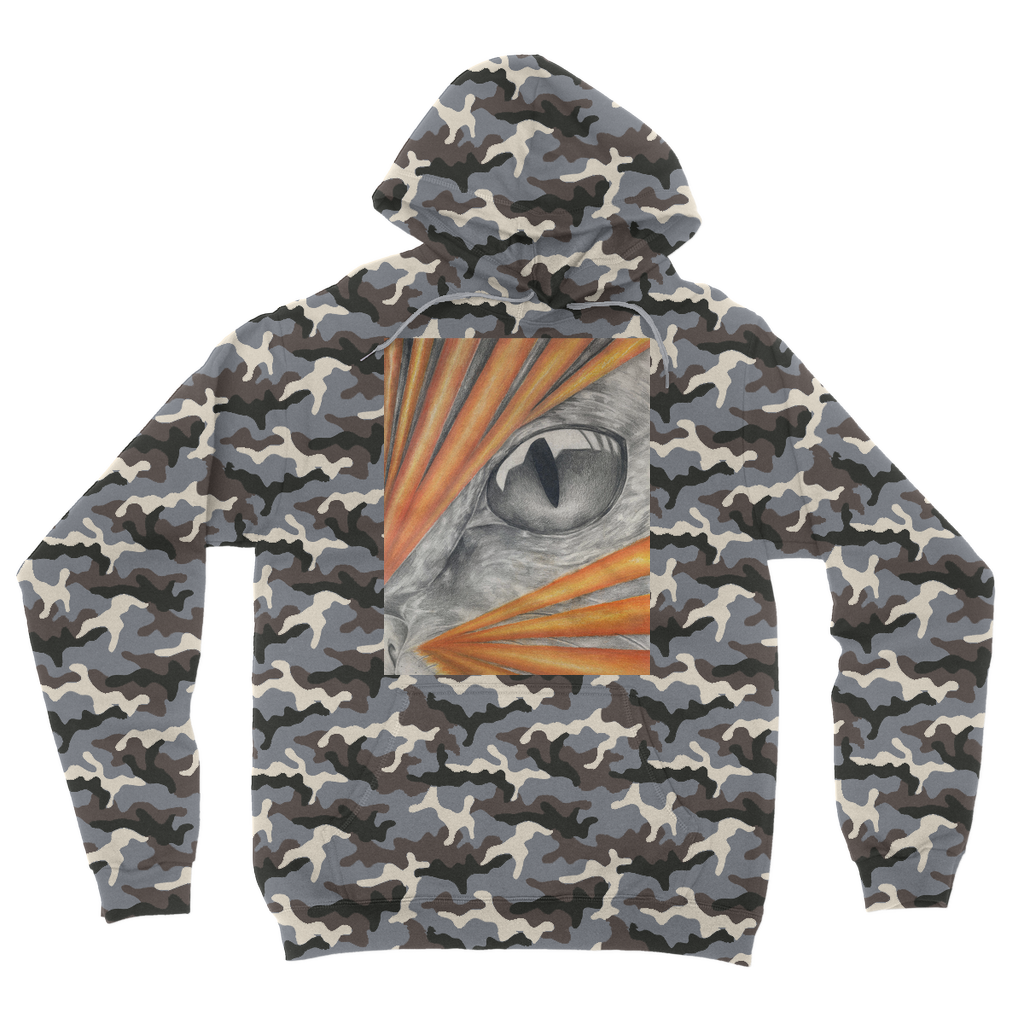 Catrays Camouflage Adult Hoodie featuring all-over camo design, double fabric hood, and kangaroo pouch pocket.