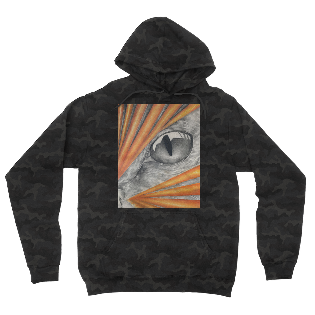 Catrays Camouflage Adult Hoodie featuring all-over camo design, double fabric hood, and kangaroo pouch pocket.