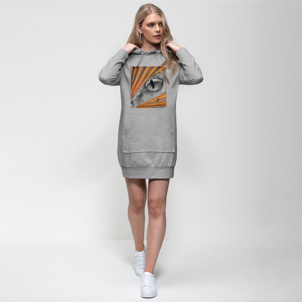 A stylish catrays Premium Adult Hoodie Dress featuring a hood, kangaroo pocket, and ribbed sleeves, perfect for casual wear.