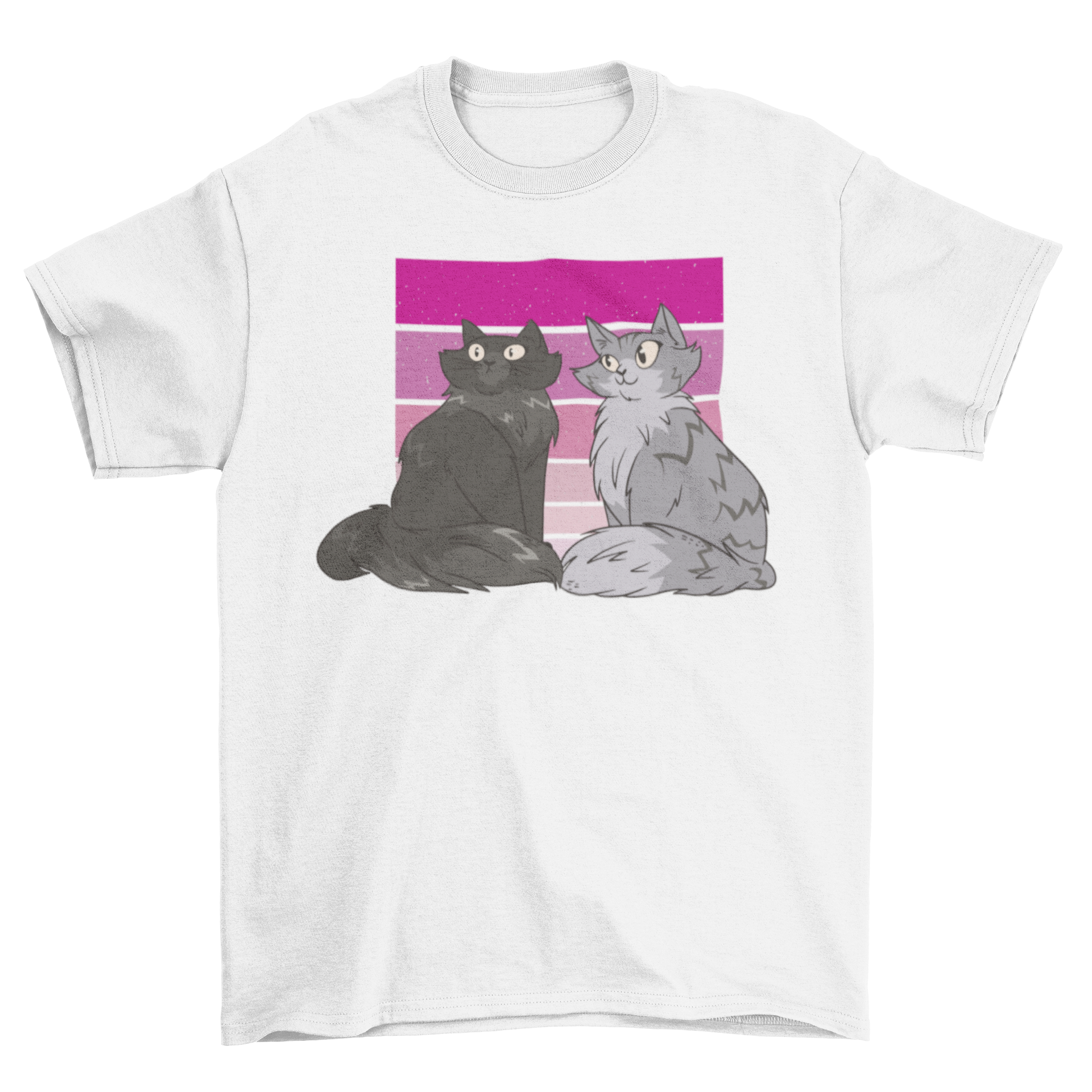 Stylish t-shirt featuring two cats on a colorful gradient background.