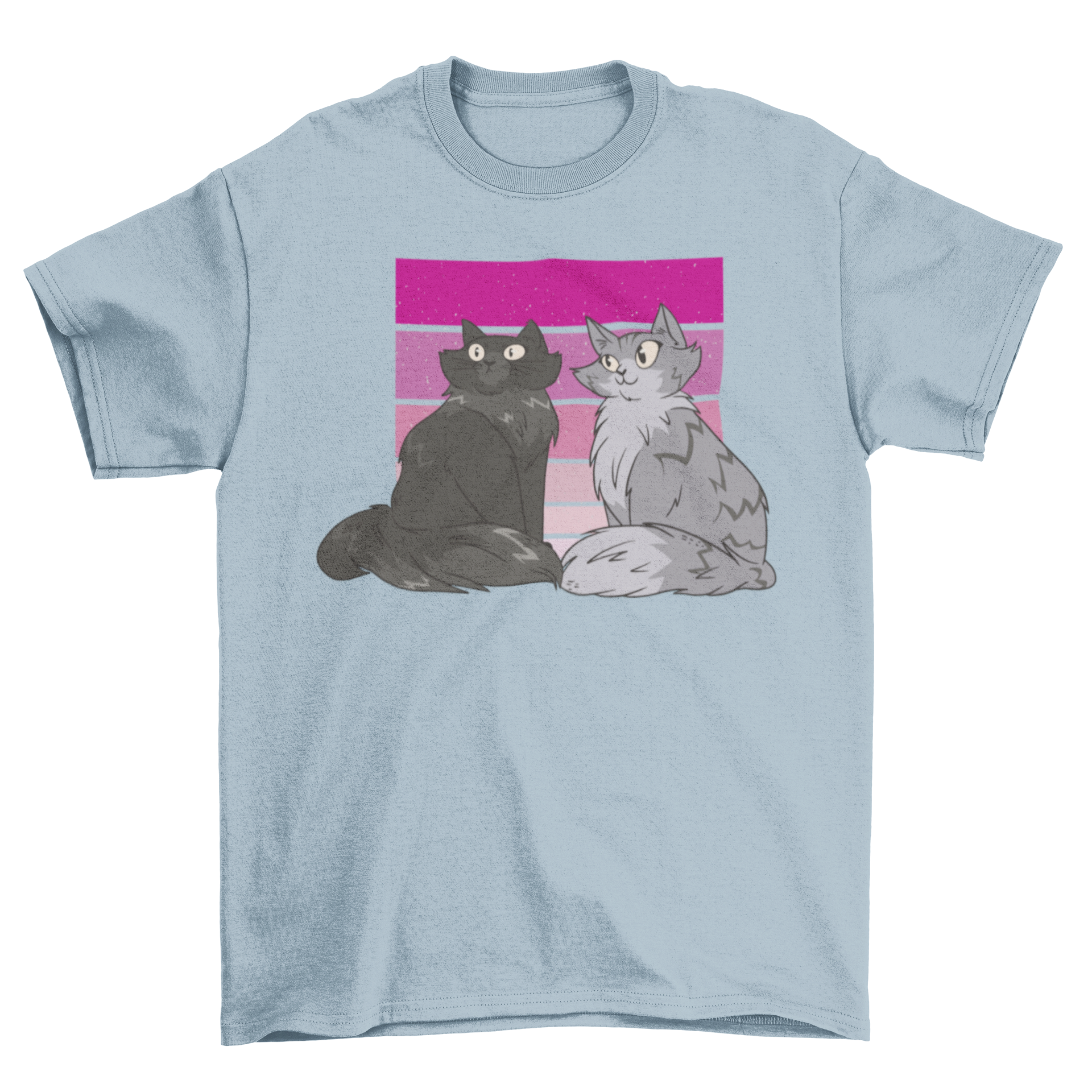 Stylish t-shirt featuring two cats on a colorful gradient background.